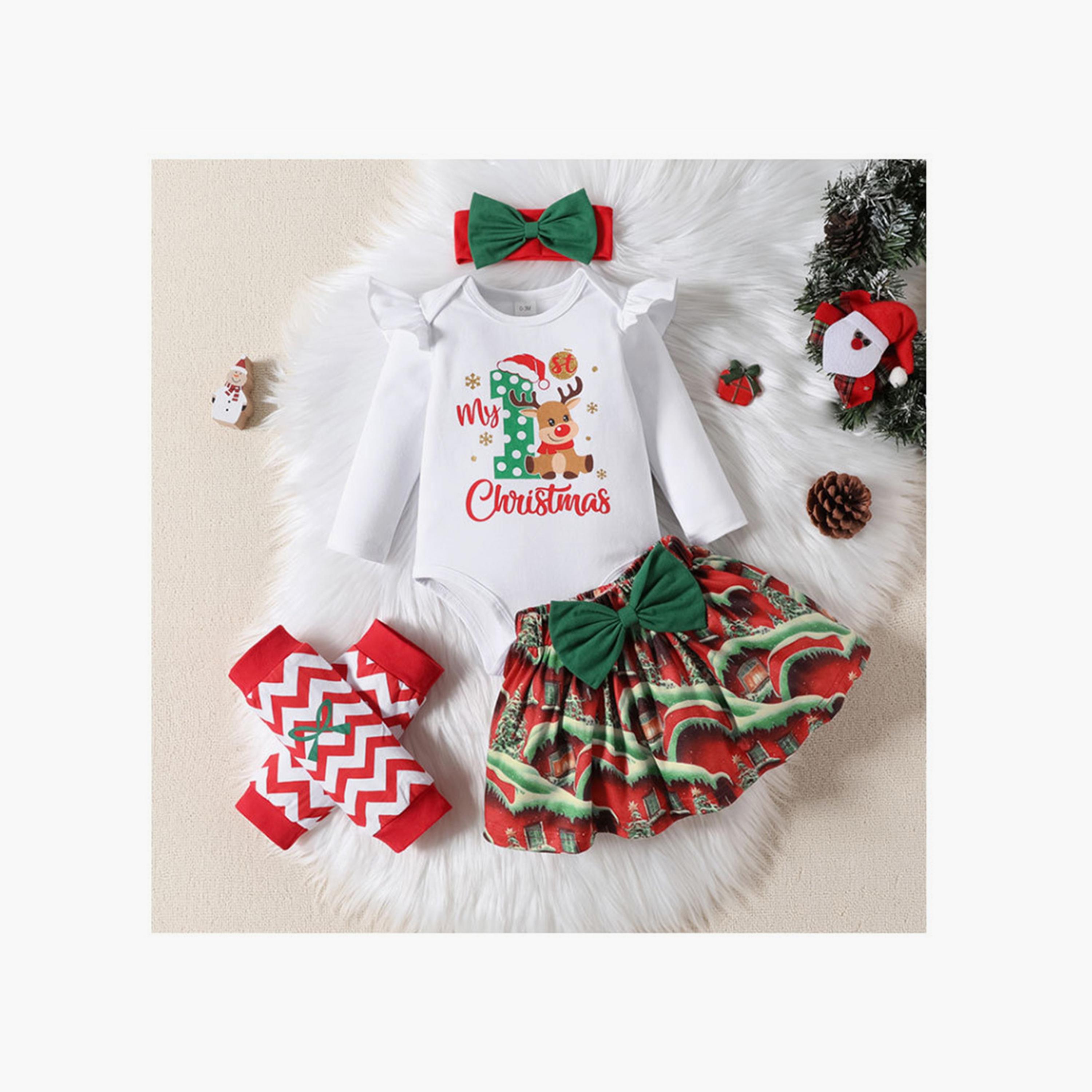 Babyqlo 4-Piece My First Christmas Bodysuit with Headband, Leg Warmer and Skirt Set-baby-girls-clothing-setsandcoords-image-1