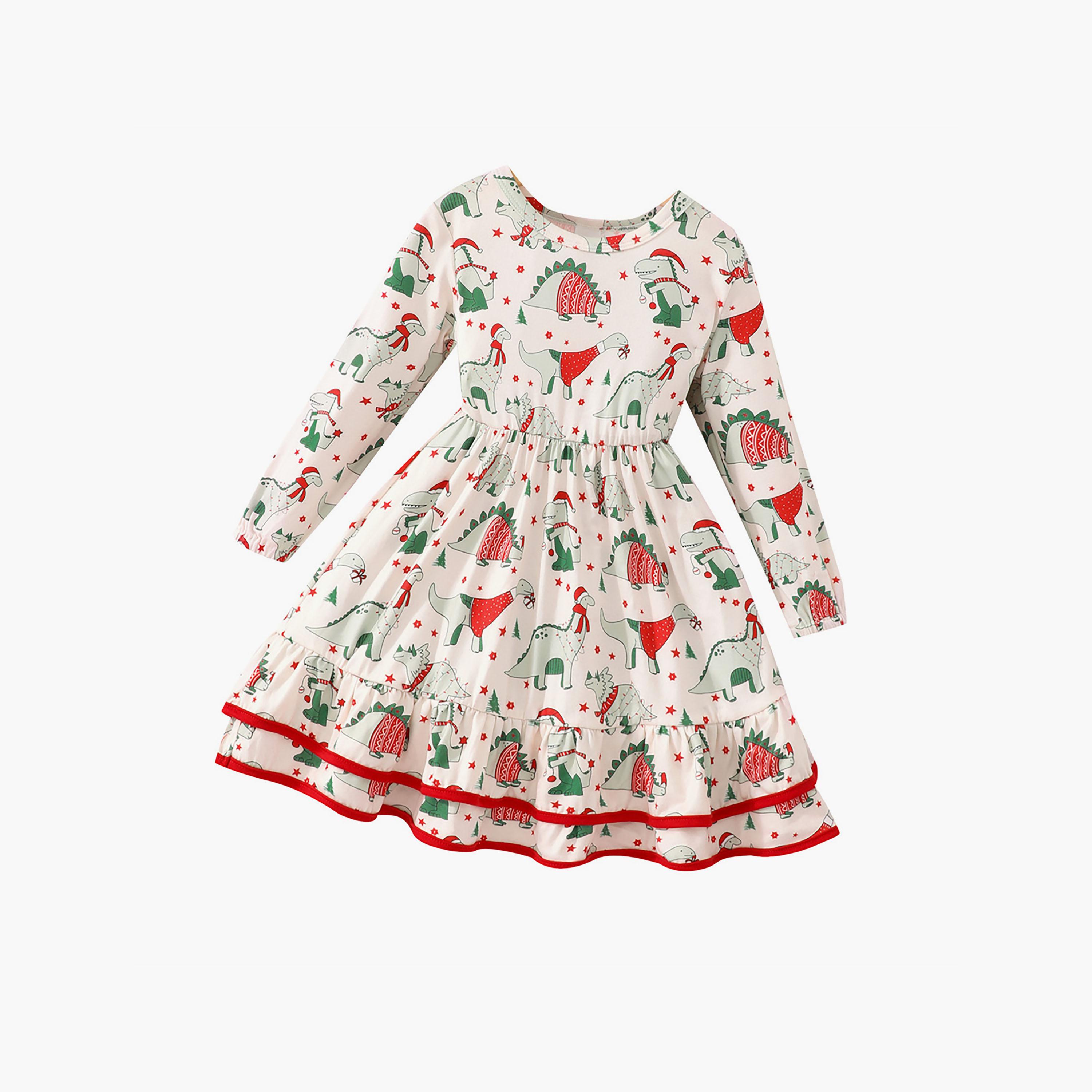 Babyqlo Christmas Festive Season's Delight Cute Dino with Gift Printed Knee-Length Dress-baby-girls-clothing-dressesandjumpsuits-image-1