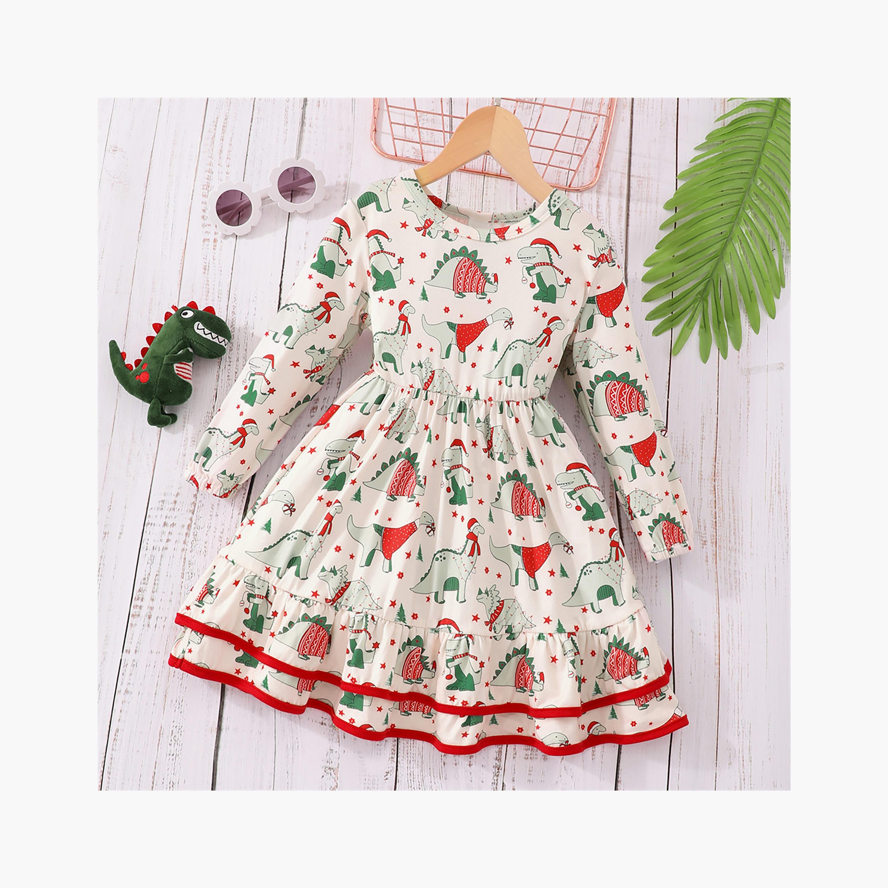 Babyqlo Christmas Festive Season's Delight Cute Dino with Gift Printed Knee-Length Dress-baby-girls-clothing-dressesandjumpsuits-image-2