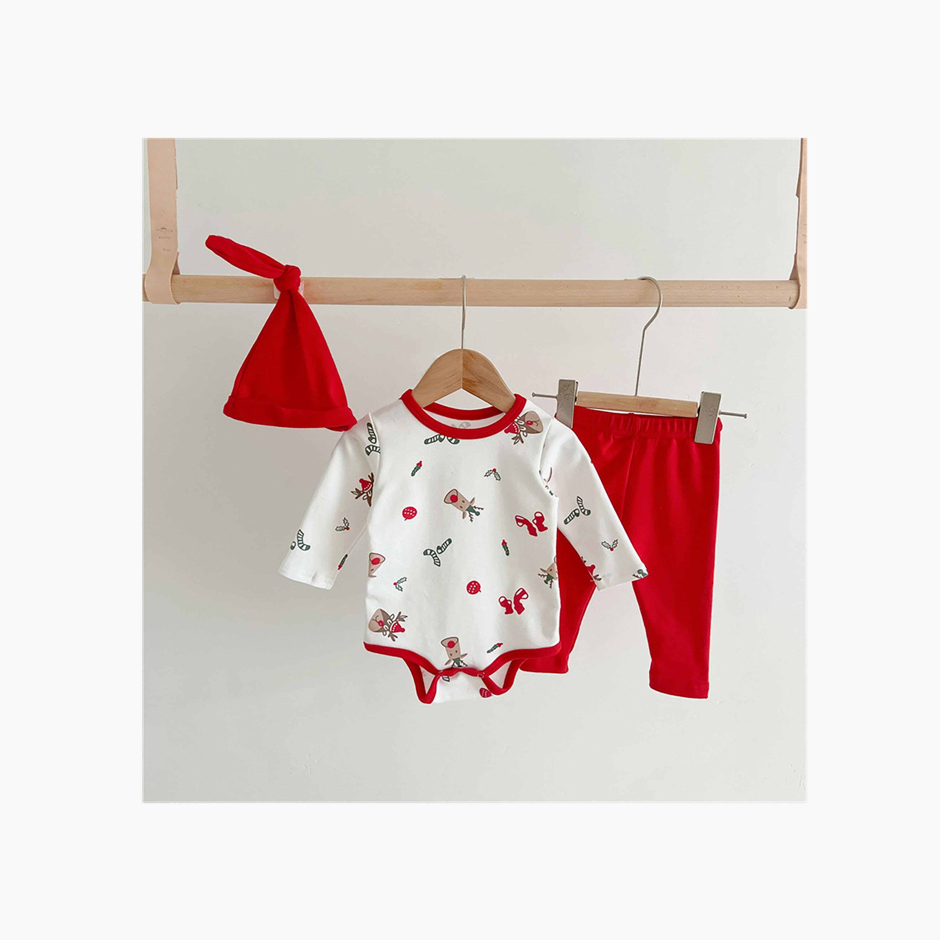 Babyqlo 3-Piece Kid's Festive Print Bodysuit with Pant and Cap Set-baby-boys-clothing-winterwear-setsandcoords-image-1