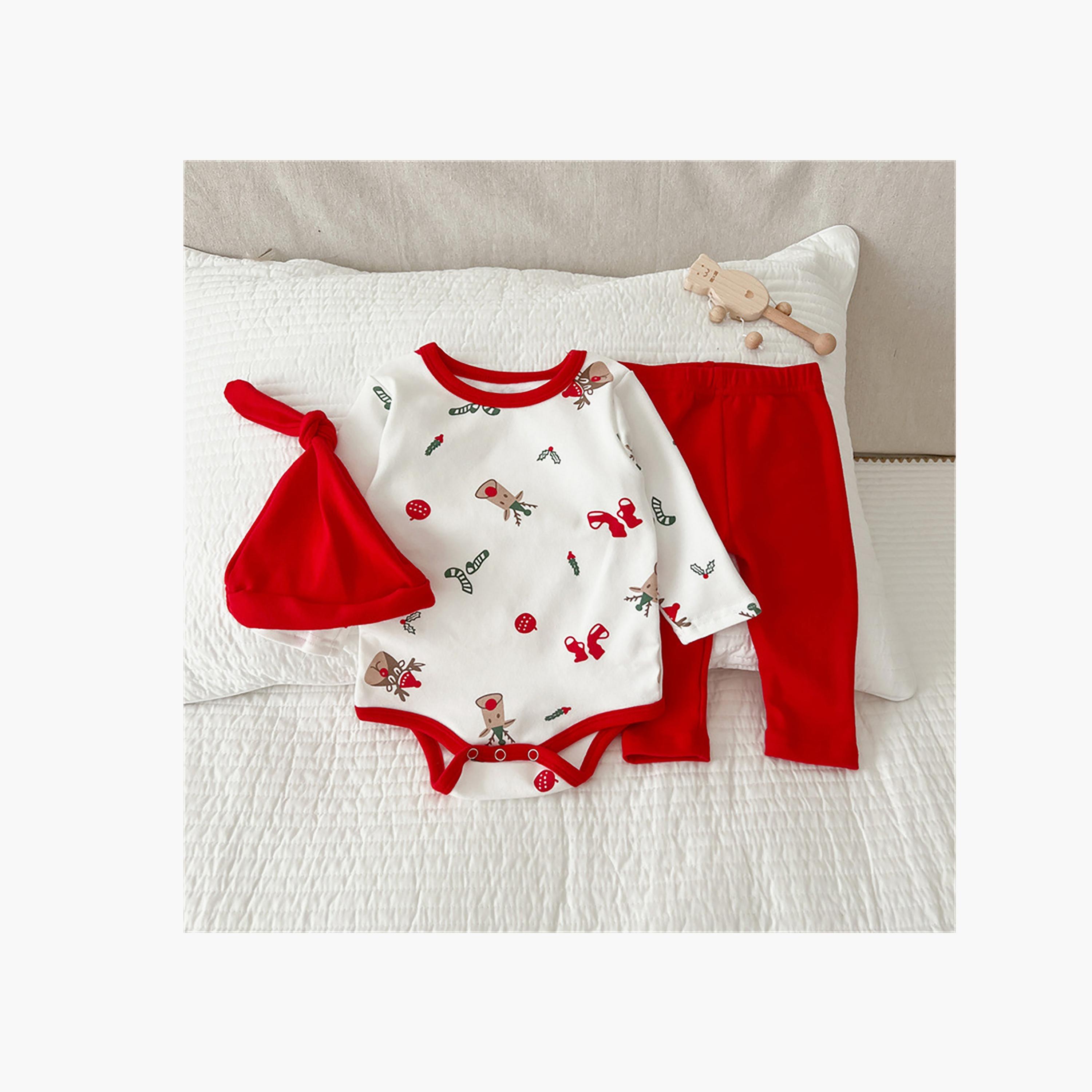 Babyqlo 3-Piece Kid's Festive Print Bodysuit with Pant and Cap Set-baby-boys-clothing-winterwear-setsandcoords-image-2