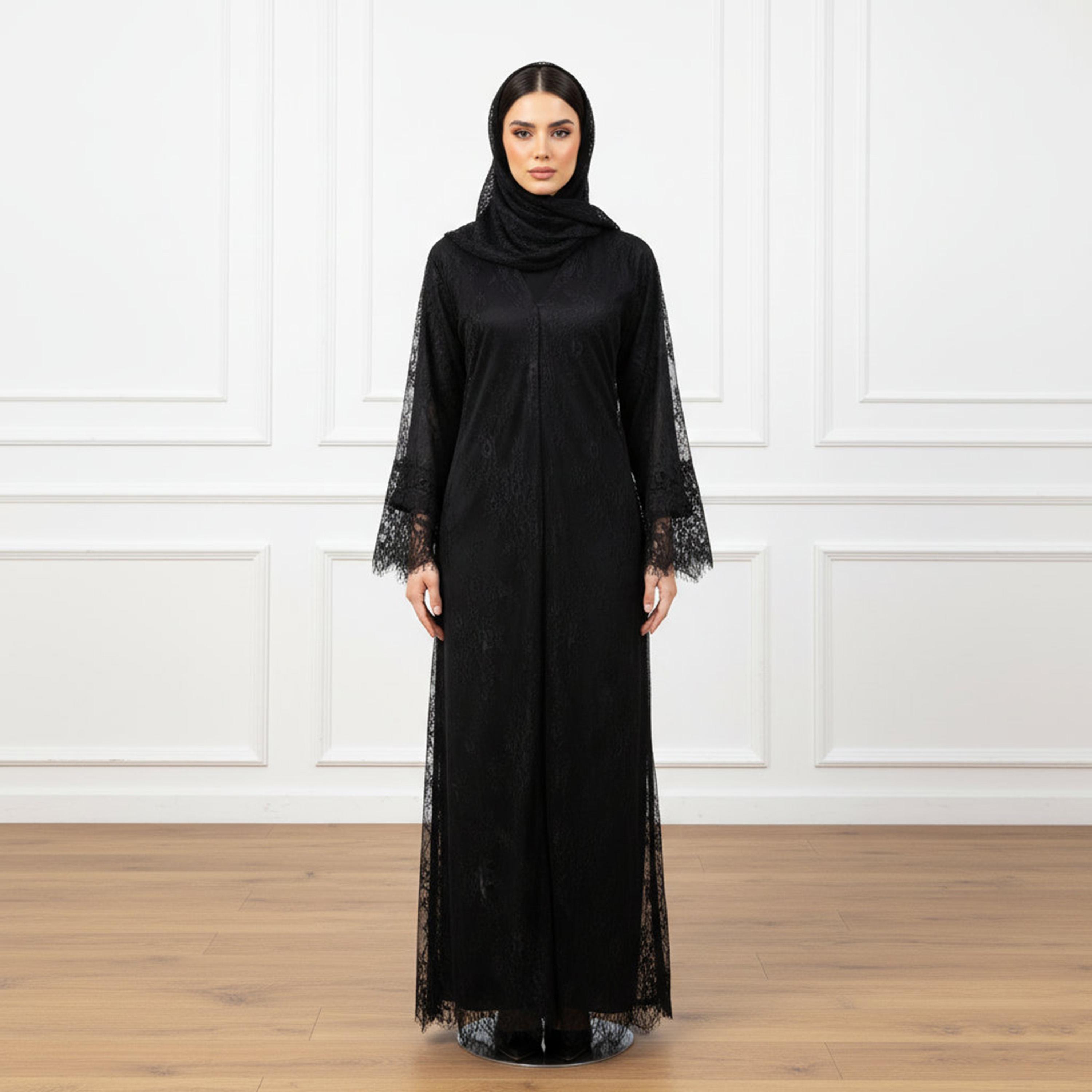Nukhbaa Black All-Over Lace Flared Sleeves Nida Women's Evening Abaya with Hijab-women-arabicclothing-abayas-image-1
