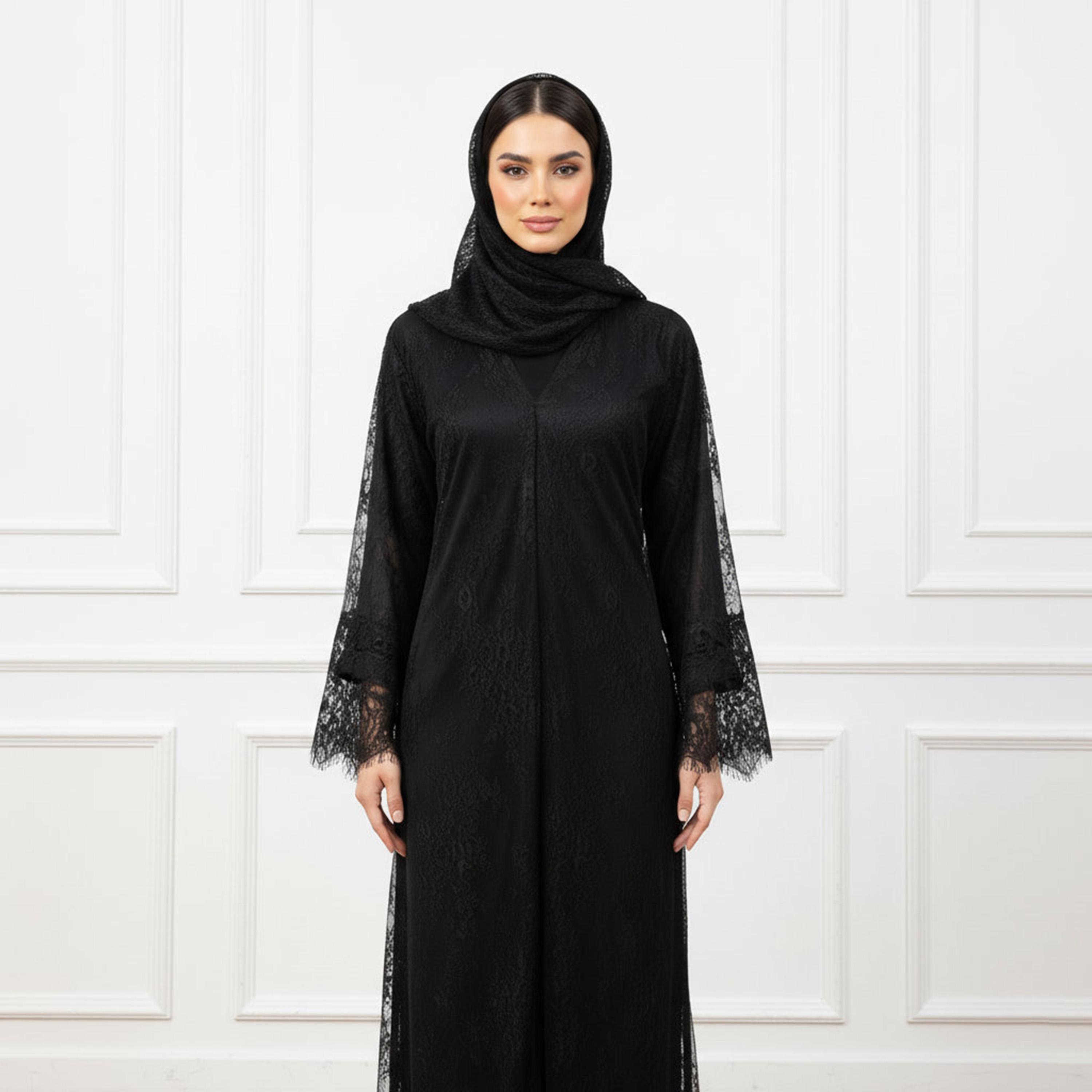 Nukhbaa Black All-Over Lace Flared Sleeves Nida Women's Evening Abaya with Hijab-women-arabicclothing-abayas-image-2