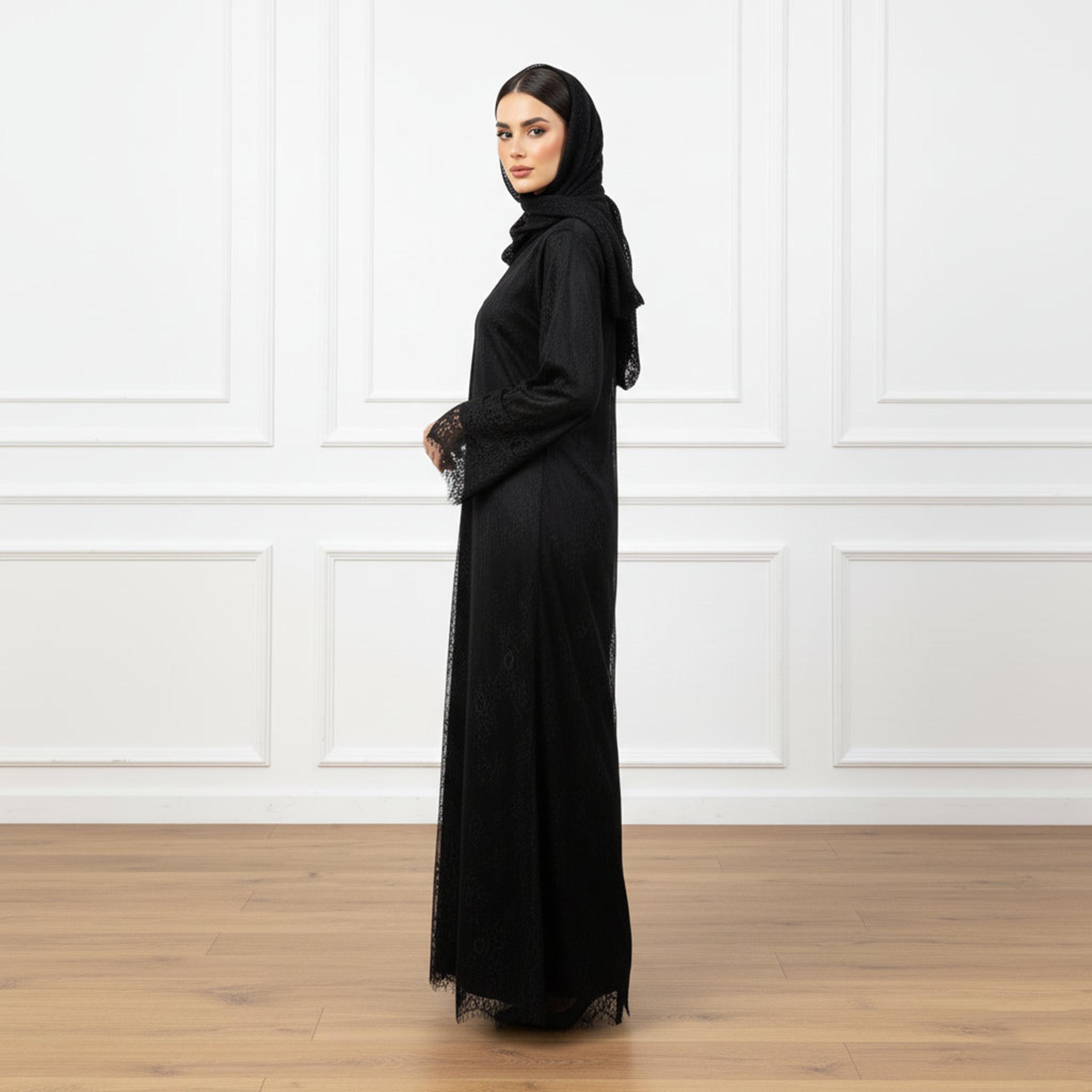 Nukhbaa Black All-Over Lace Flared Sleeves Nida Women's Evening Abaya with Hijab-women-arabicclothing-abayas-image-3
