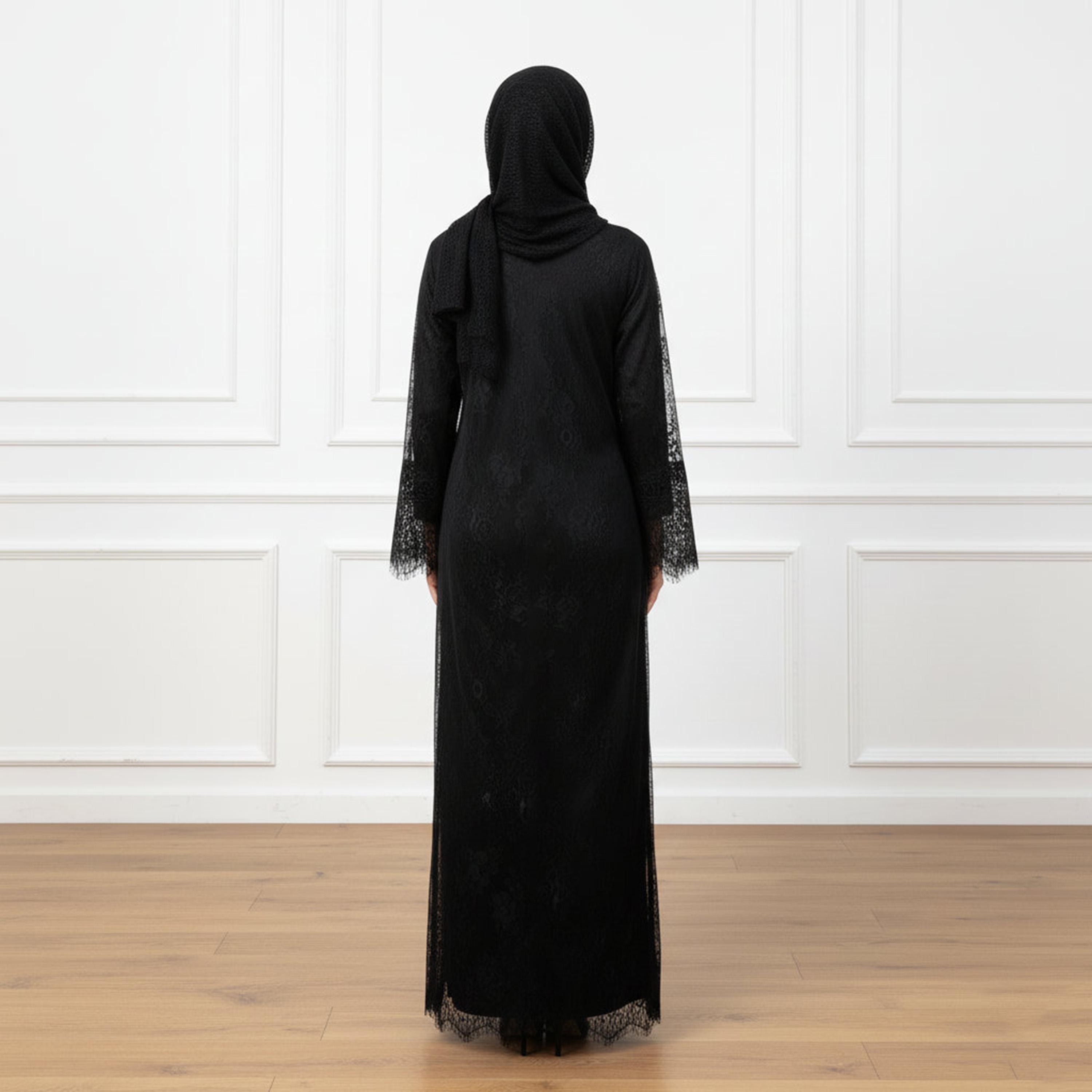 Nukhbaa Black All-Over Lace Flared Sleeves Nida Women's Evening Abaya with Hijab-women-arabicclothing-abayas-image-4