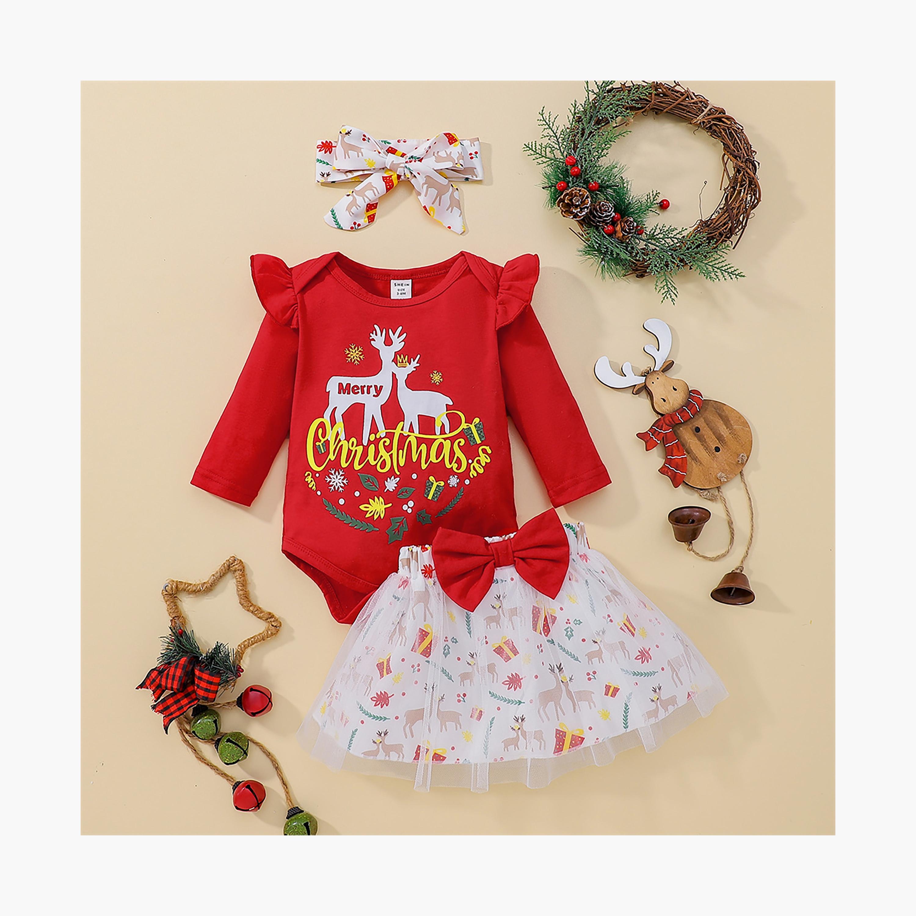 Babyqlo 3-Piece Santa's Little Helper Merry Christmas Bodysuit, Skirt, and Headband Set-baby-girls-clothing-setsandcoords-image-1