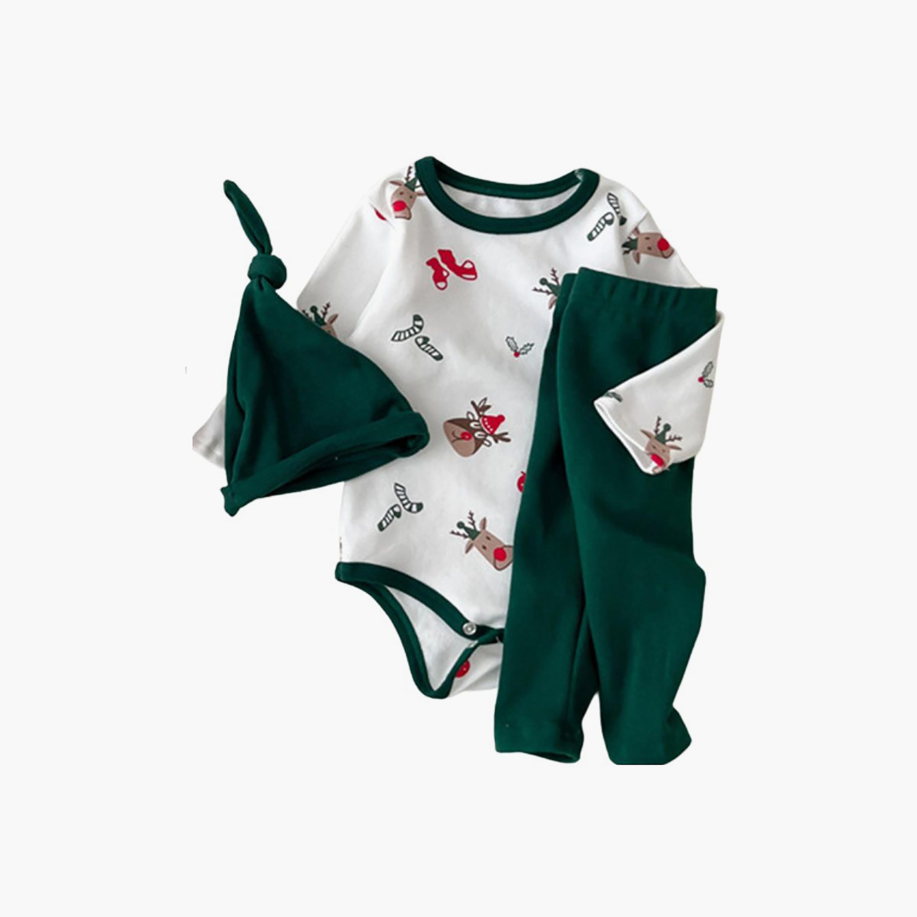 Babyqlo 3-Piece Kid's Festive Print Bodysuit with Green Pant with Green Cap Set-baby-girls-clothing-setsandcoords-image-1