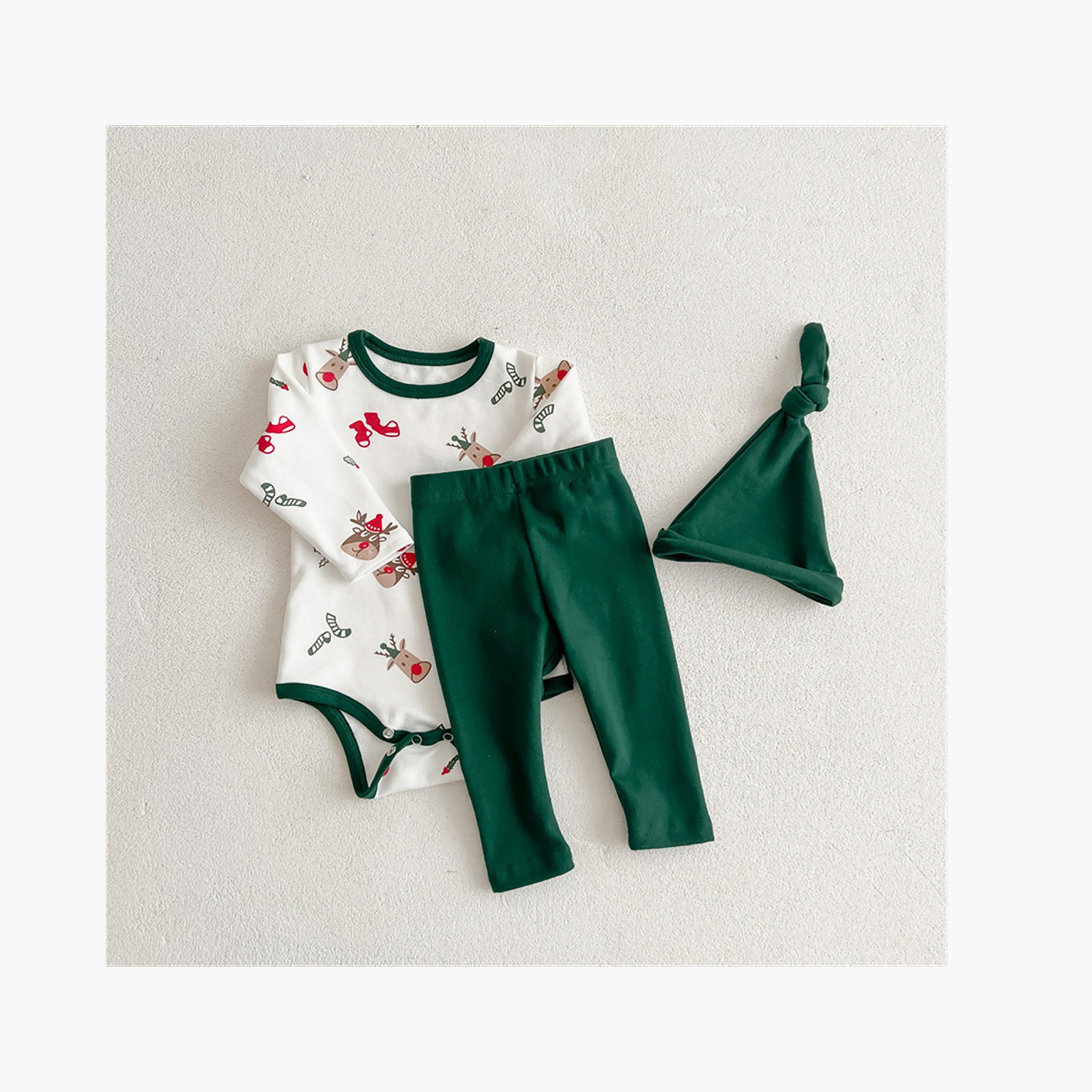 Babyqlo 3-Piece Kid's Festive Print Bodysuit with Green Pant with Green Cap Set-baby-girls-clothing-setsandcoords-image-2