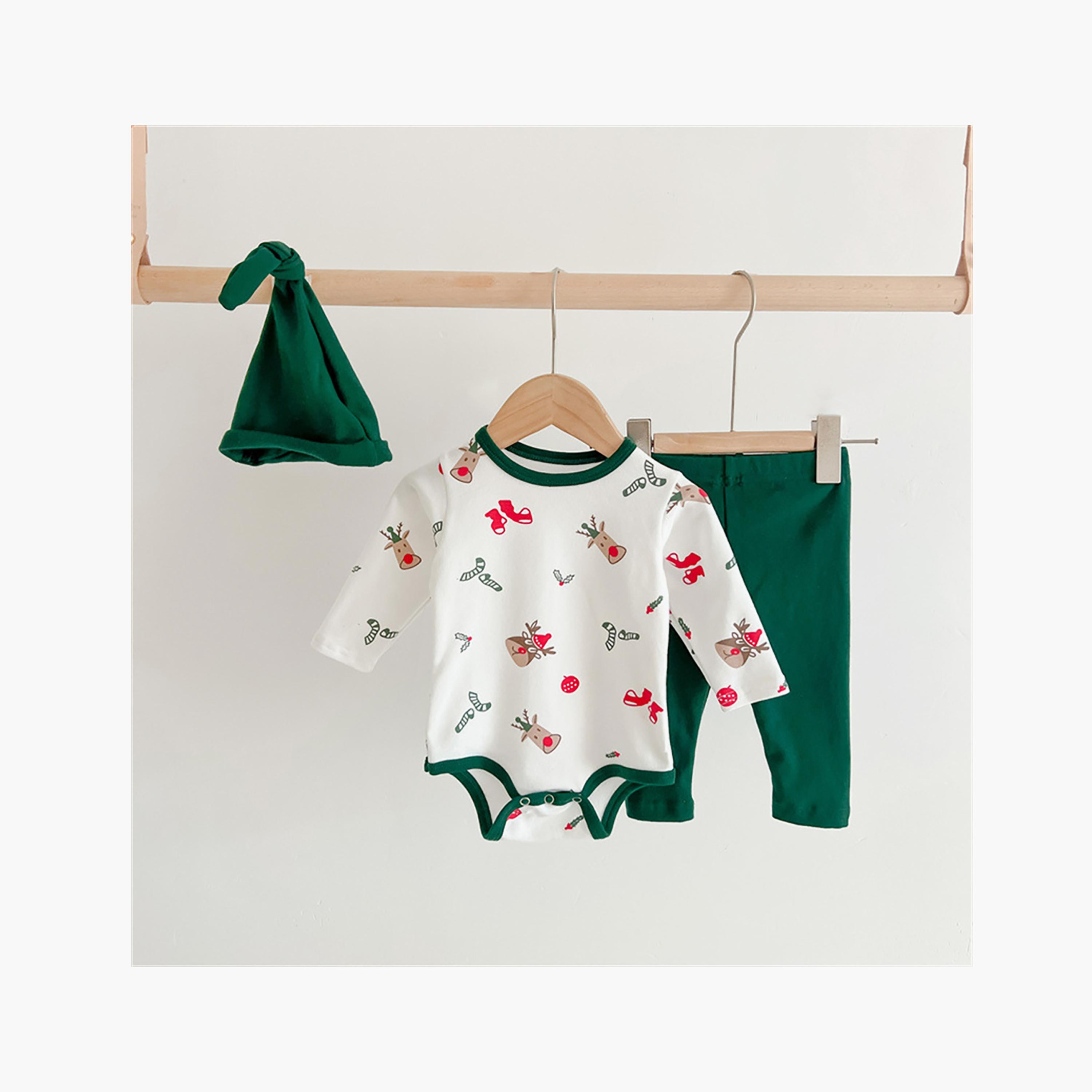 Babyqlo 3-Piece Kid's Festive Print Bodysuit with Green Pant with Green Cap Set-baby-girls-clothing-setsandcoords-image-3