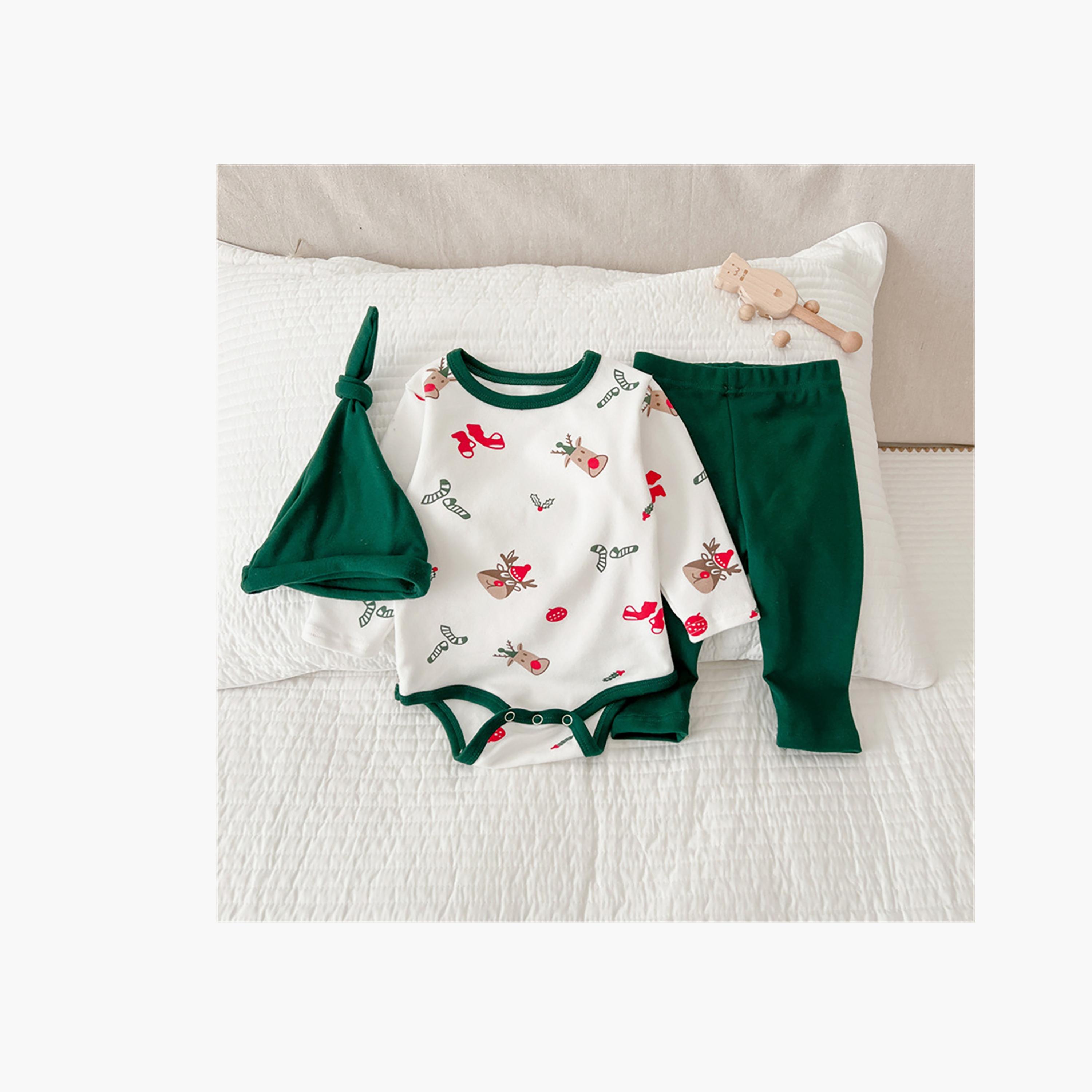 Babyqlo 3-Piece Kid's Festive Print Bodysuit with Green Pant with Green Cap Set-baby-girls-clothing-setsandcoords-image-4