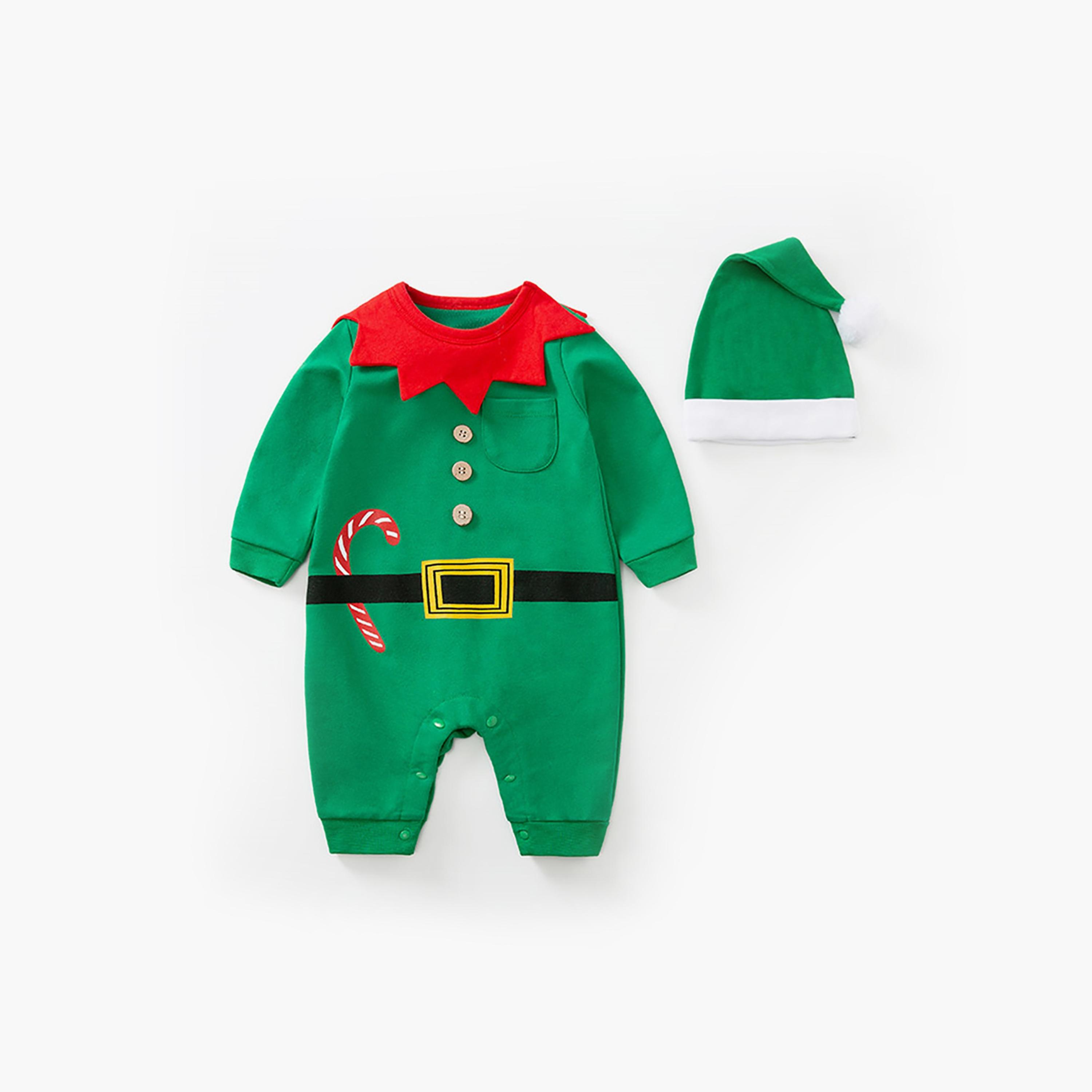 Babyqlo 2-Piece Little Santa's Helper Green Romper with Cap-baby-boys-clothing-bodysuits-image-1
