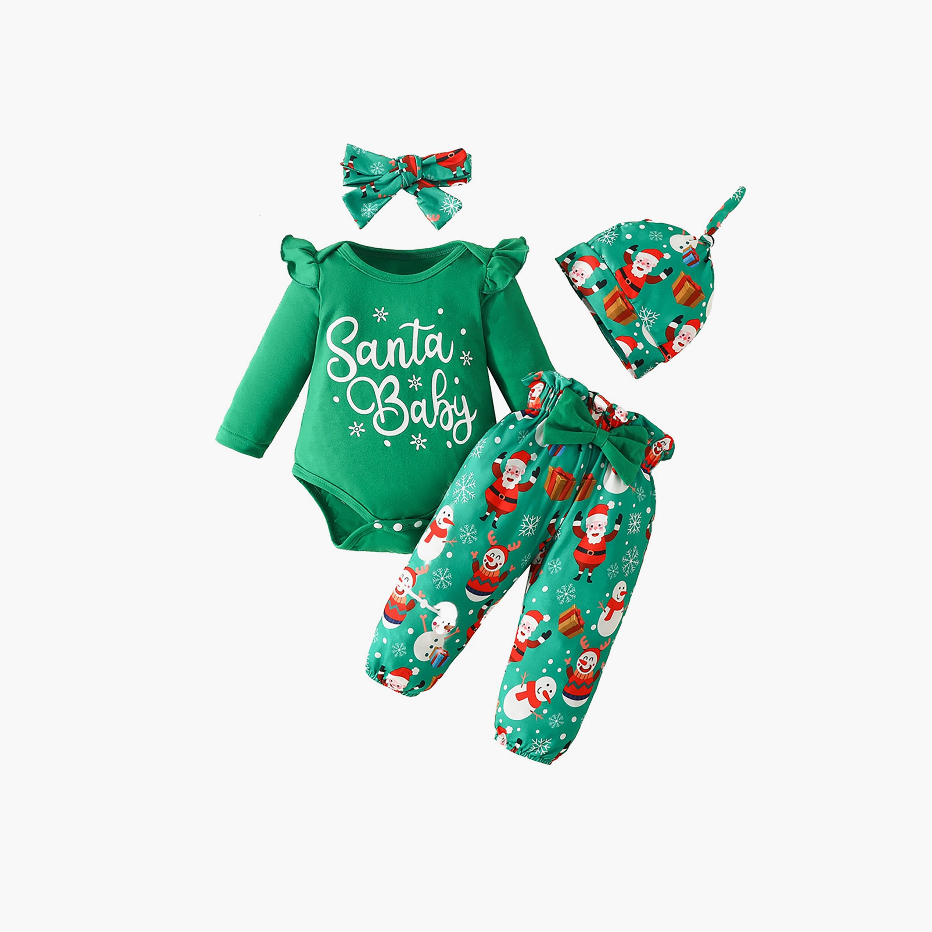Babyqlo 4-Piece Festive Evergreen Delight Christmas Bodysuit Set with Pant Cap and Headband-baby-girls-clothing-setsandcoords-image-1