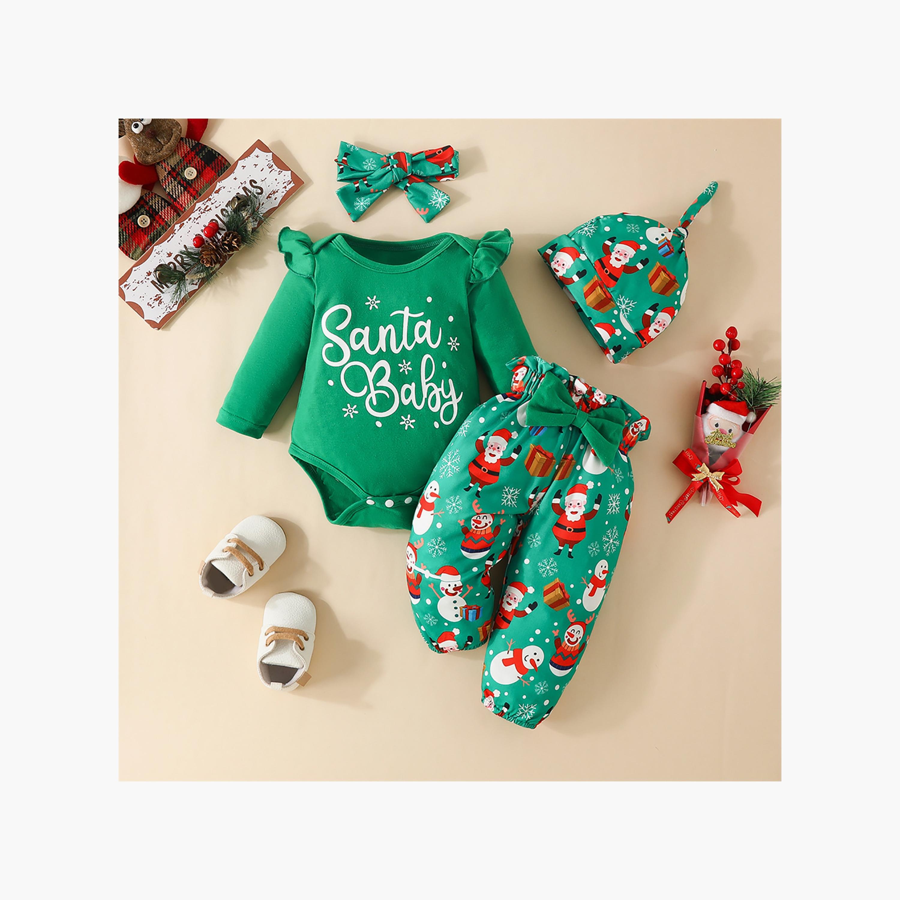 Babyqlo 4-Piece Festive Evergreen Delight Christmas Bodysuit Set with Pant Cap and Headband-baby-girls-clothing-setsandcoords-image-2