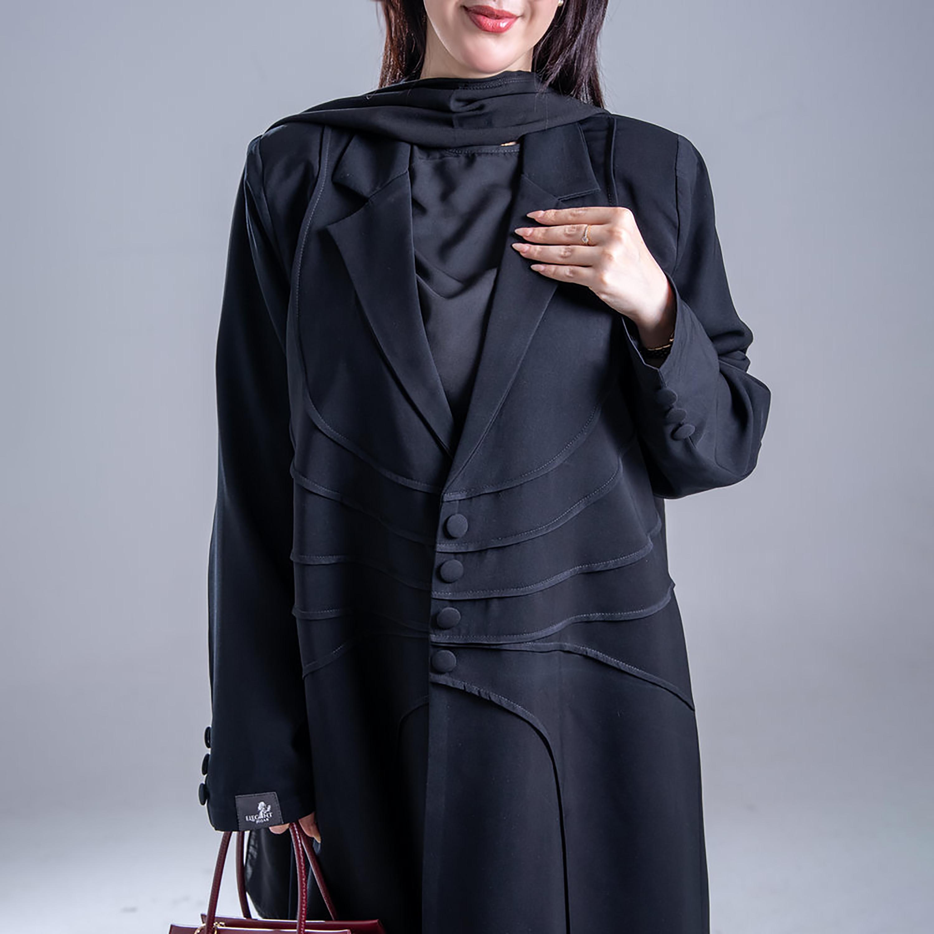 Elegant Hijab Seam Detailed Lapel Collar Crepe Women's Blazer Stye Half Cloche Abaya-women-arabicclothing-abayas-image-3
