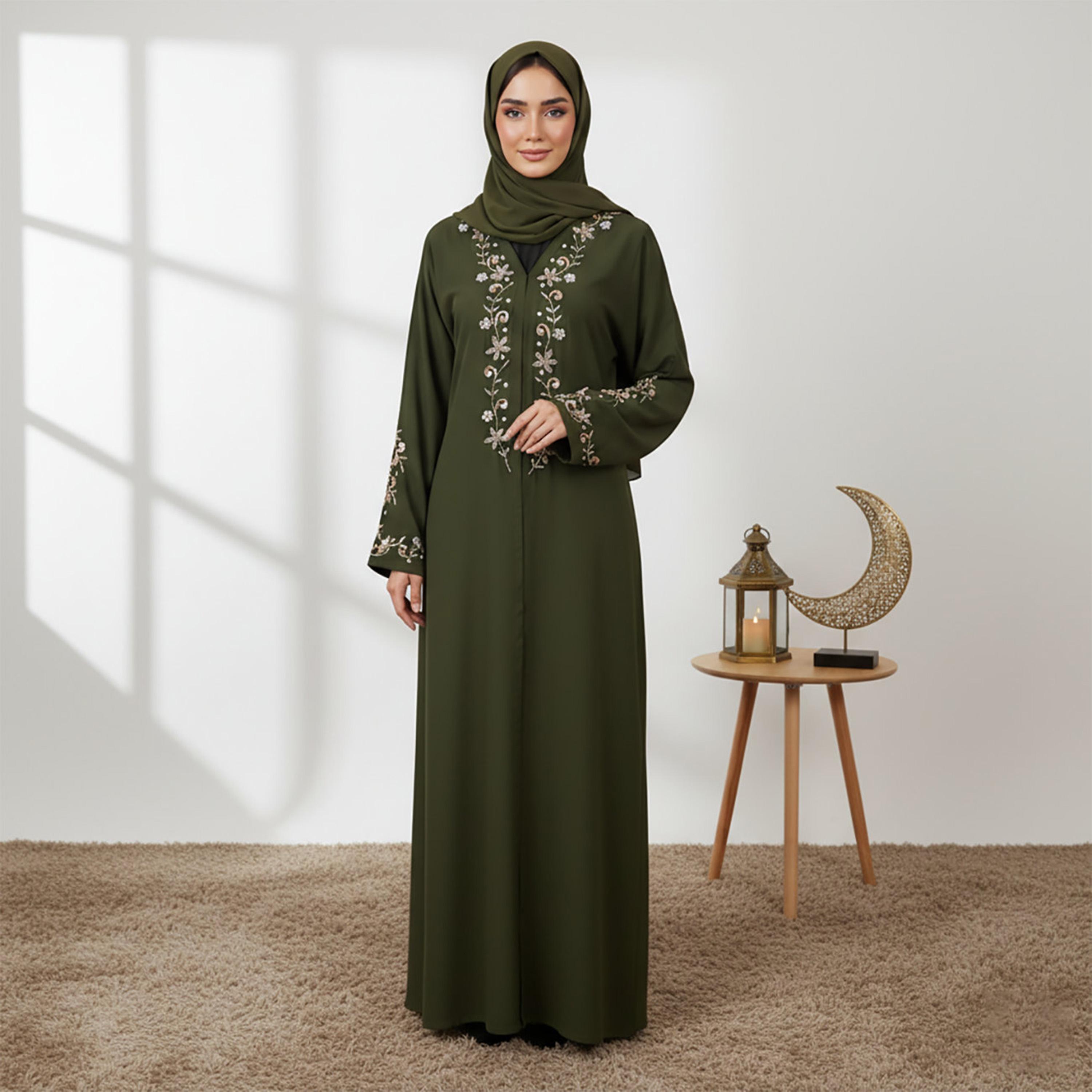 Nukhbaa Green Floral Embroidered Nida Women's Abaya with Hijab-women-arabicclothing-abayas-image-1