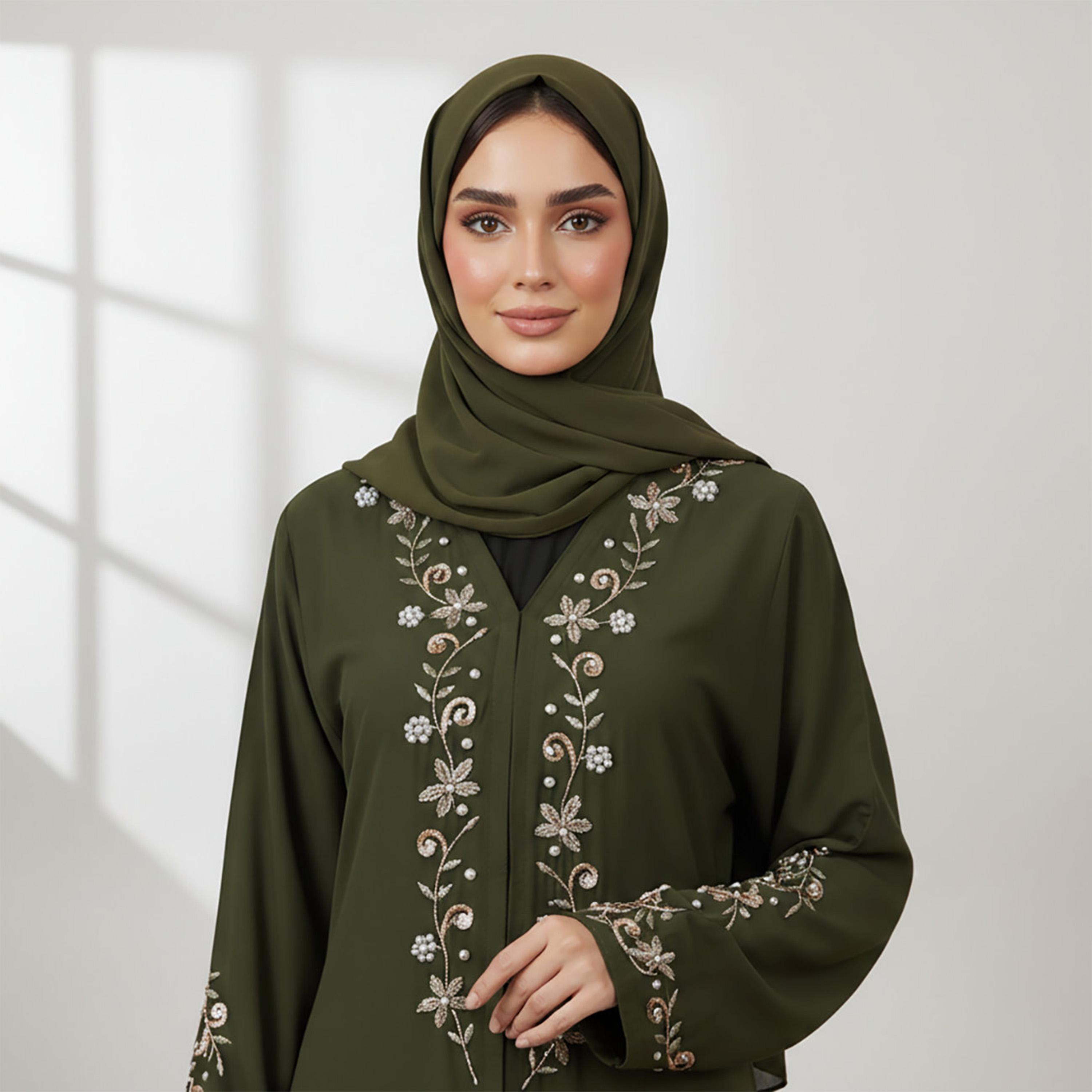 Nukhbaa Green Floral Embroidered Nida Women's Abaya with Hijab-women-arabicclothing-abayas-image-2