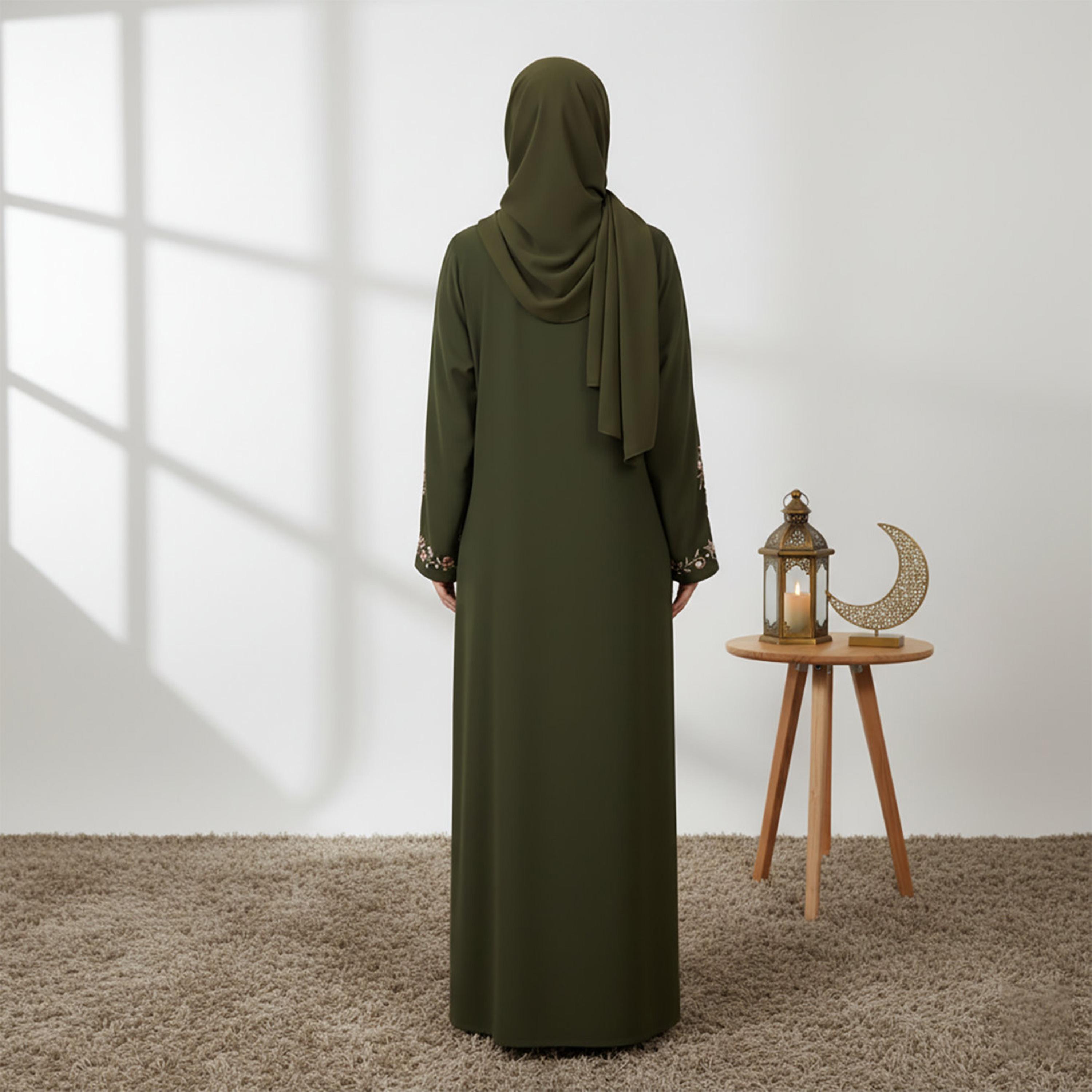 Nukhbaa Green Floral Embroidered Nida Women's Abaya with Hijab-women-arabicclothing-abayas-image-4
