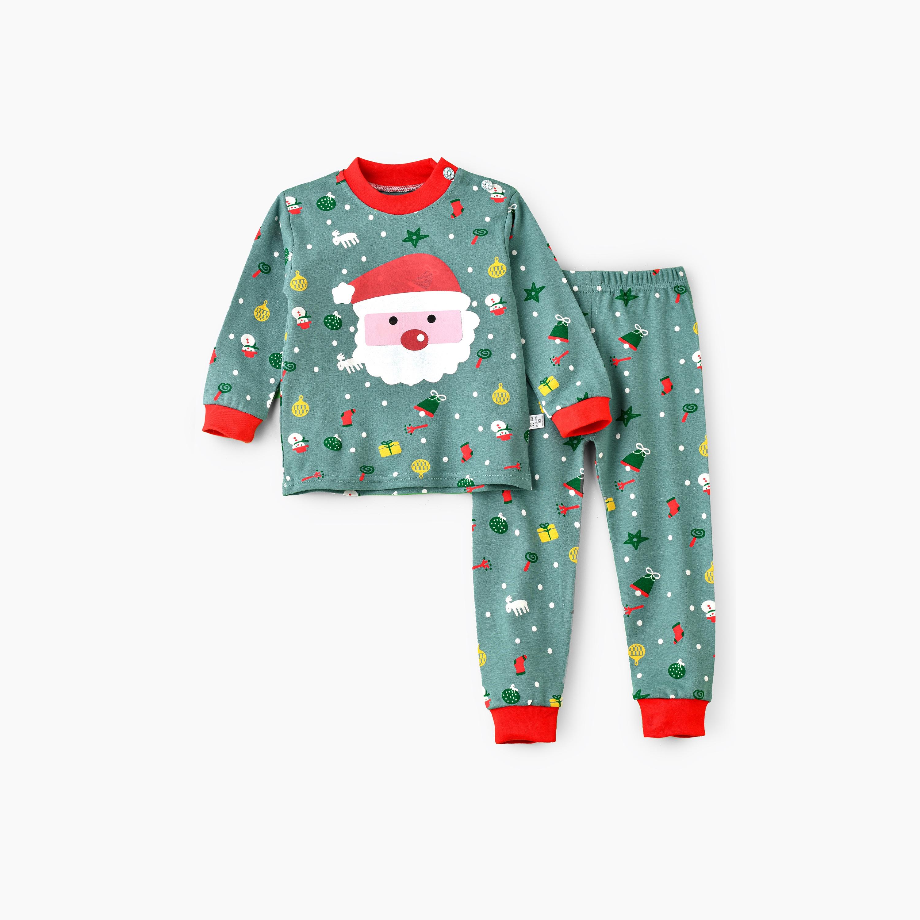 تي شيرت قطعتين بطبعة وجه سانتا متوهج في الظلام ببطابع عيد الميلاد مع بنطلون ركض للجنسين من بيبيكلو-boys-clothing-nightwear-image-5