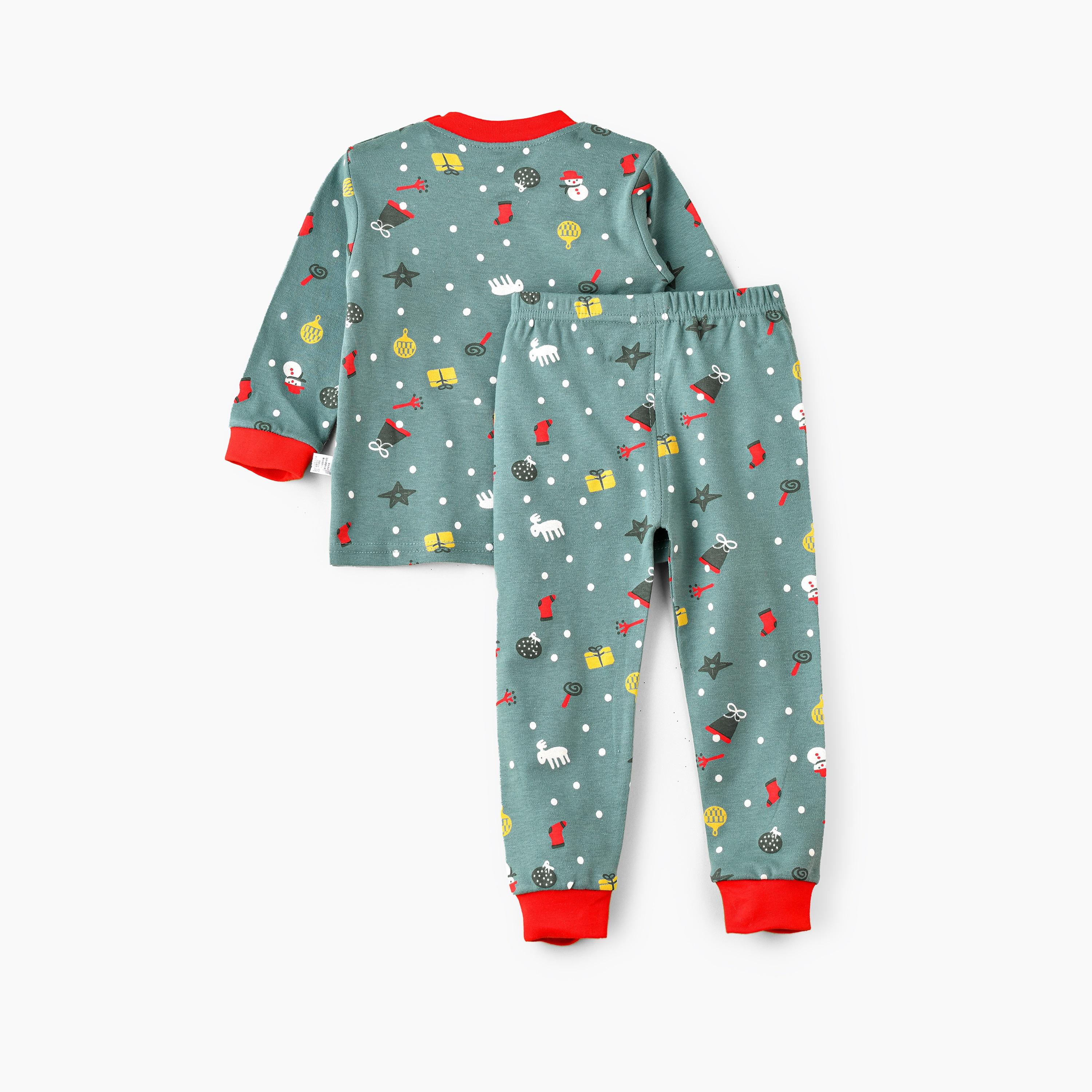 تي شيرت قطعتين بطبعة وجه سانتا متوهج في الظلام ببطابع عيد الميلاد مع بنطلون ركض للجنسين من بيبيكلو-boys-clothing-nightwear-image-2