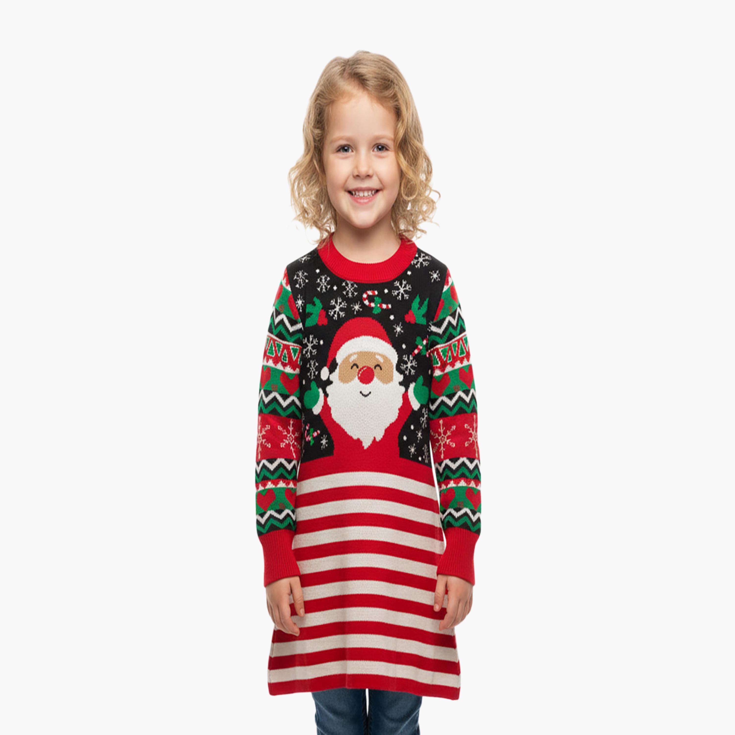 فستان عيد الميلاد المحبوك المخطط وجه سانتا بطول الركبة من بيبيكلو-girls-clothing-nightwear-image-1