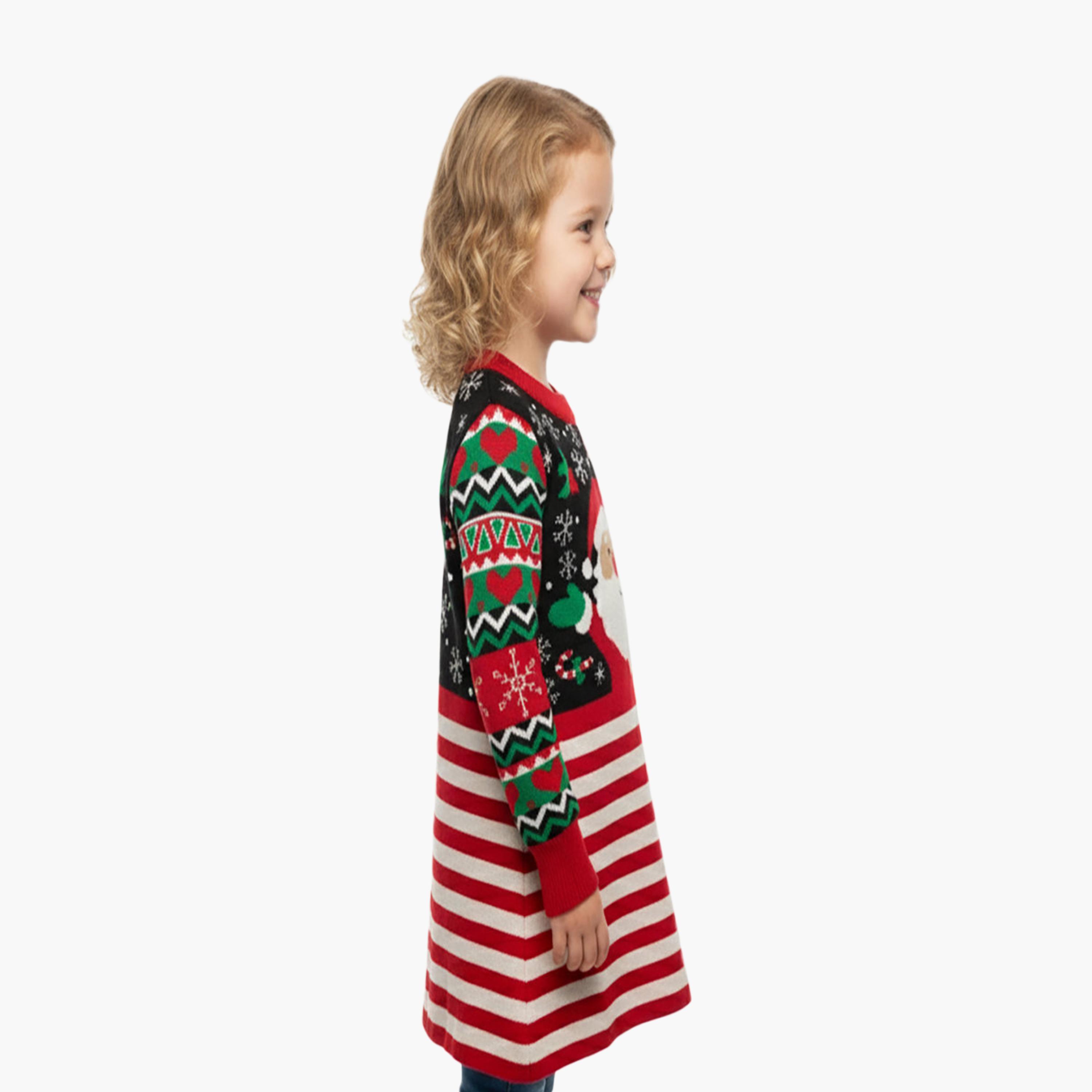 فستان عيد الميلاد المحبوك المخطط وجه سانتا بطول الركبة من بيبيكلو-girls-clothing-nightwear-image-2