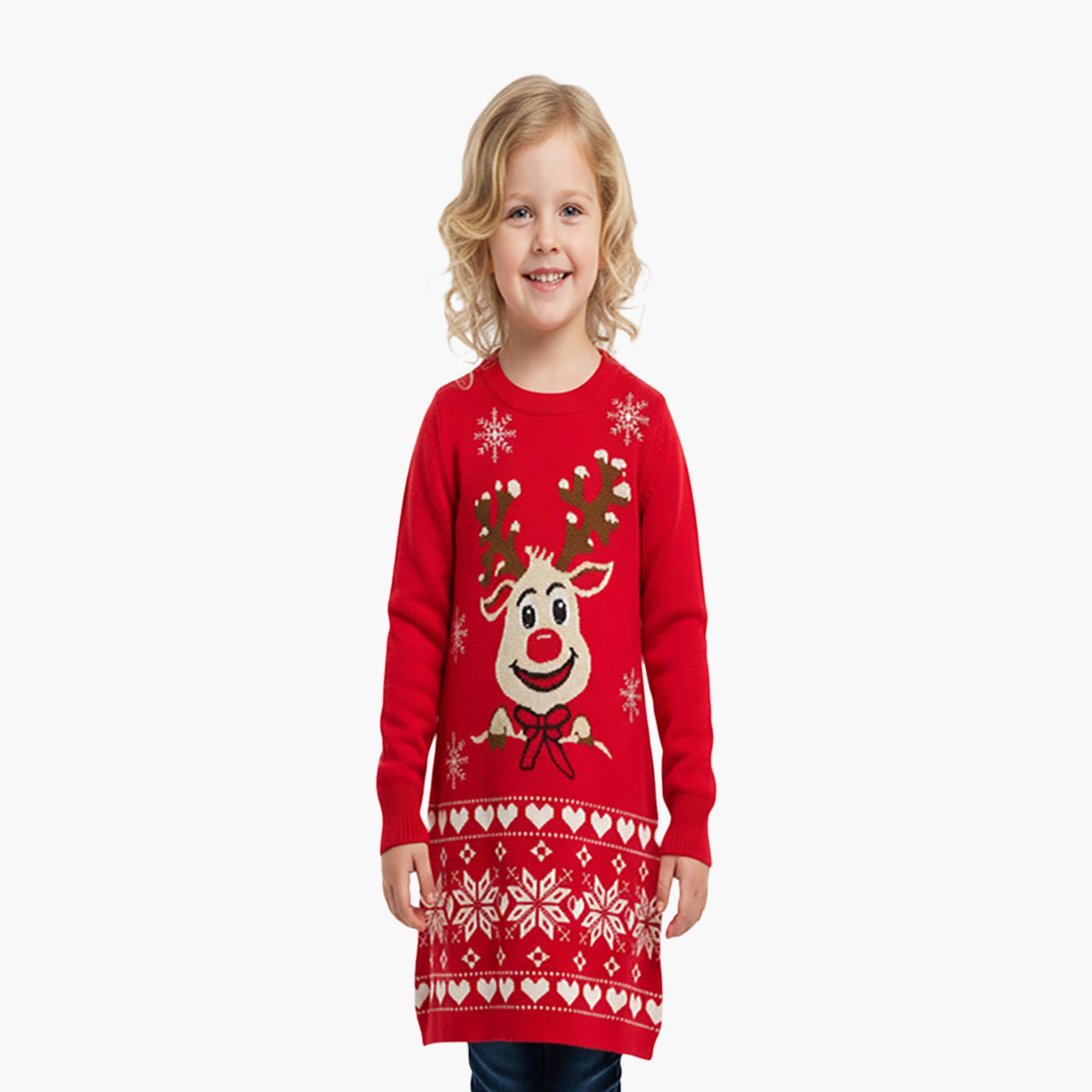 Babyqlo Reindeer Pattern Christmas Knee Length Sweater Dress-girls-clothing-nightwear-image-1