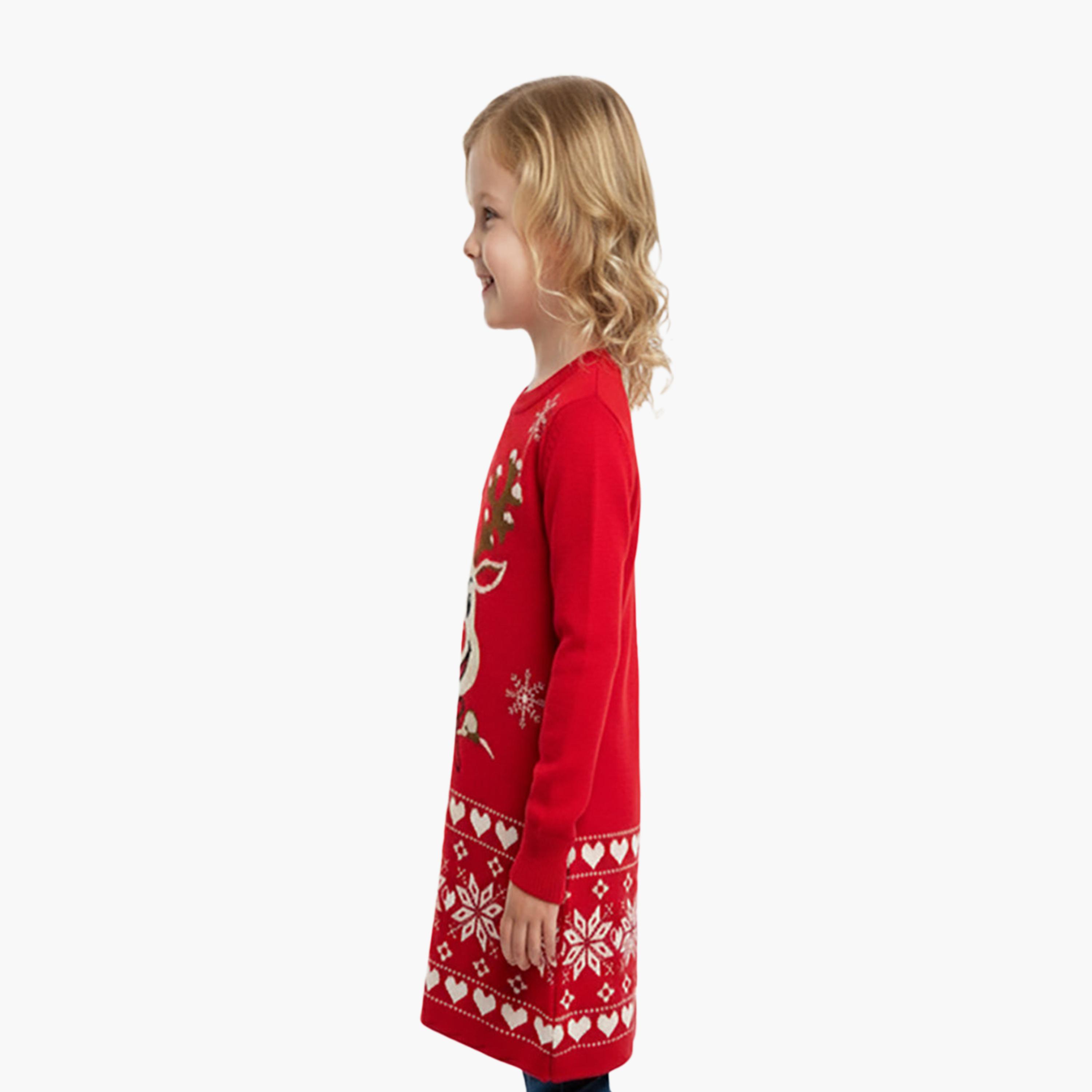 Babyqlo Reindeer Pattern Christmas Knee Length Sweater Dress-girls-clothing-nightwear-image-2