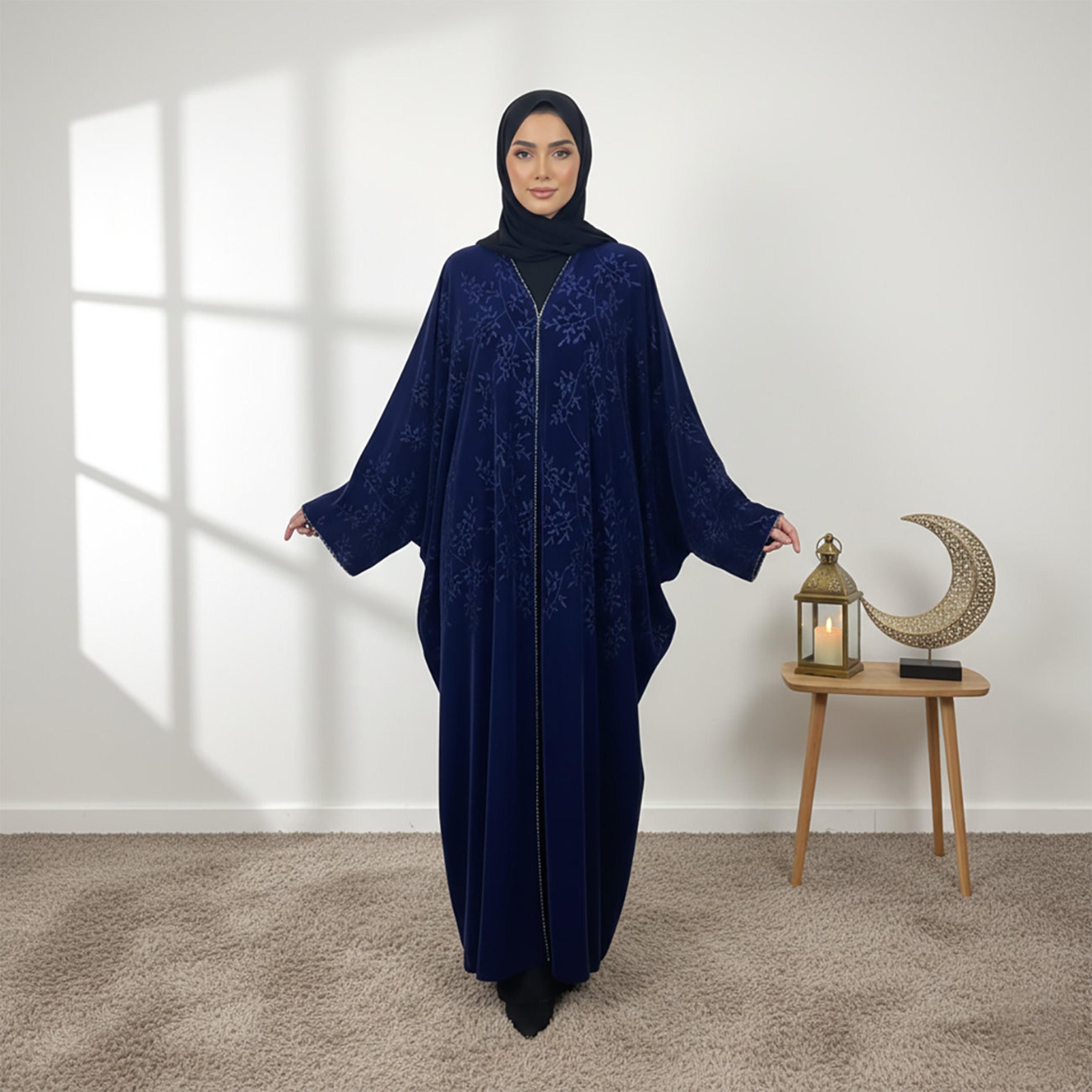 Nukhbaa Blue Embroidered Butterfly Sleeves Velvet Women's Kaftan Style Abaya with Hijab-women-arabicclothing-abayas-image-1