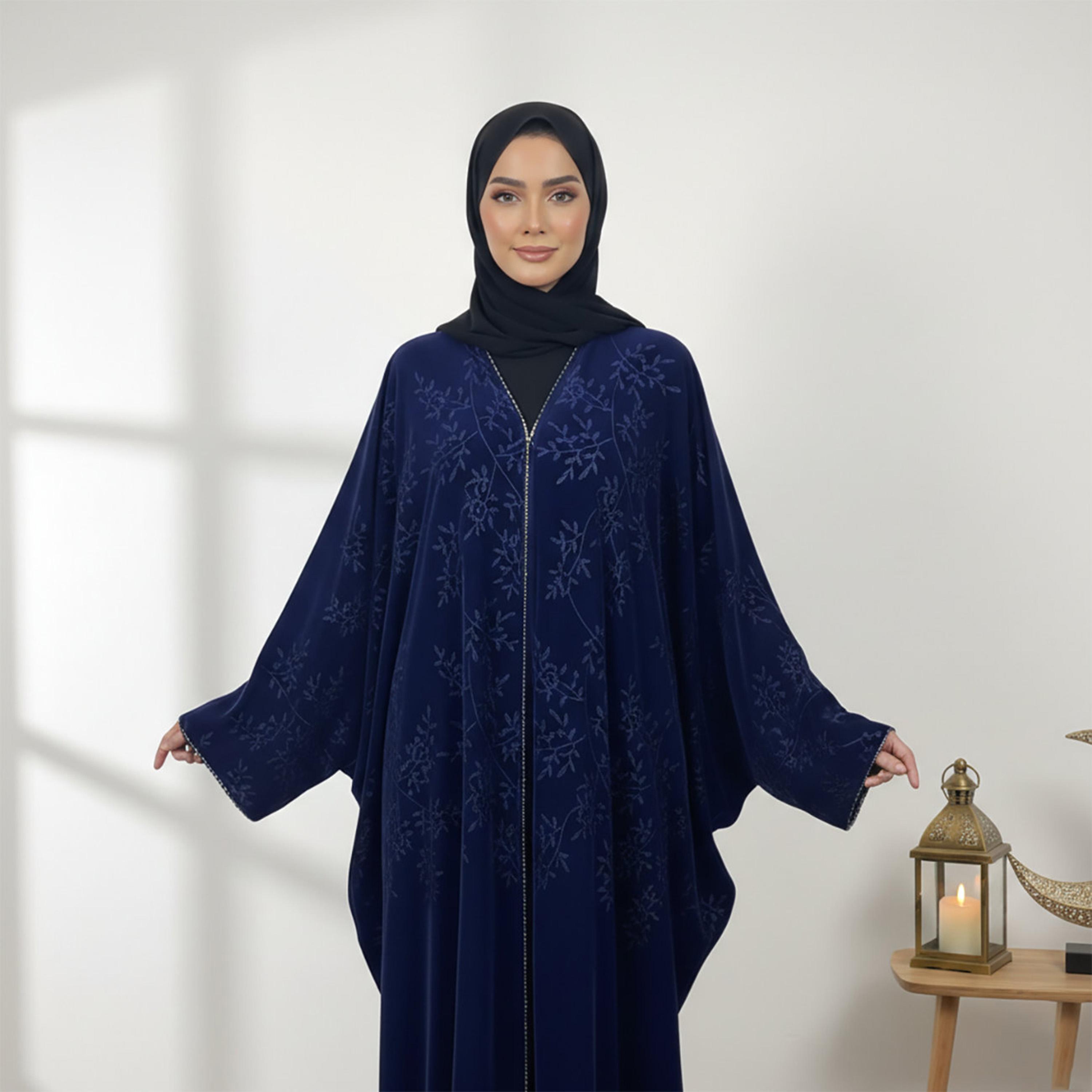 Nukhbaa Blue Embroidered Butterfly Sleeves Velvet Women's Kaftan Style Abaya with Hijab-women-arabicclothing-abayas-image-3