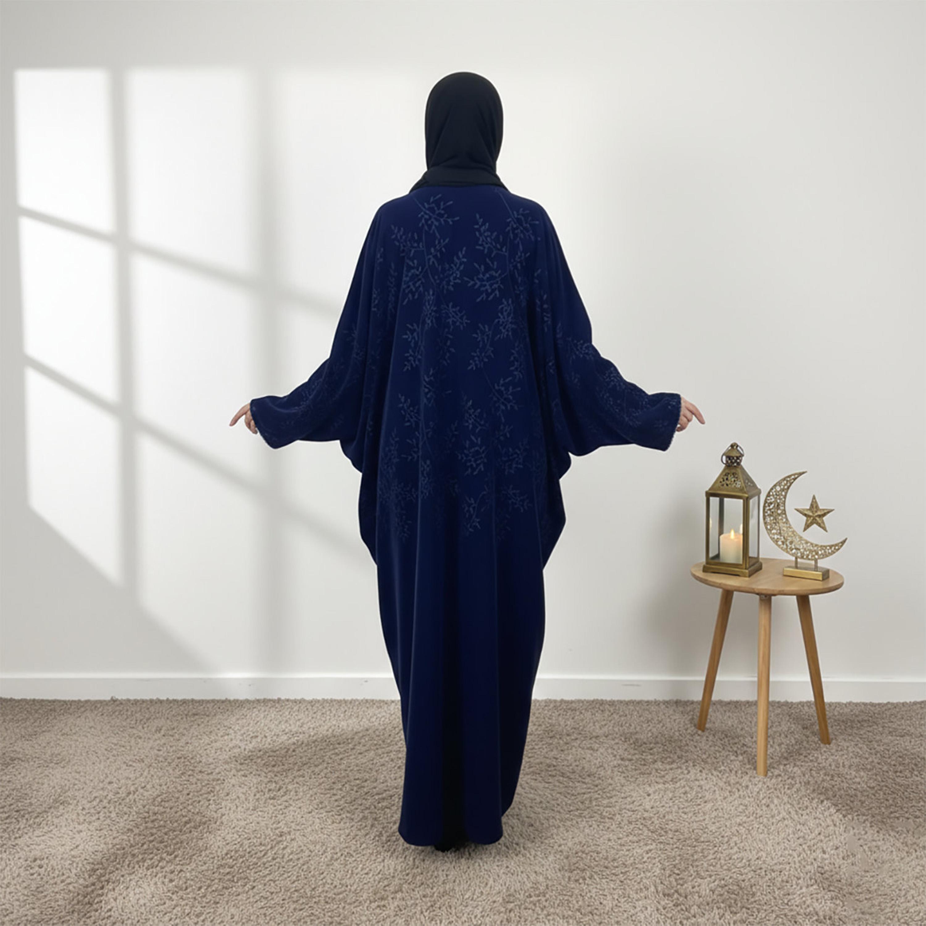 Nukhbaa Blue Embroidered Butterfly Sleeves Velvet Women's Kaftan Style Abaya with Hijab-women-arabicclothing-abayas-image-4