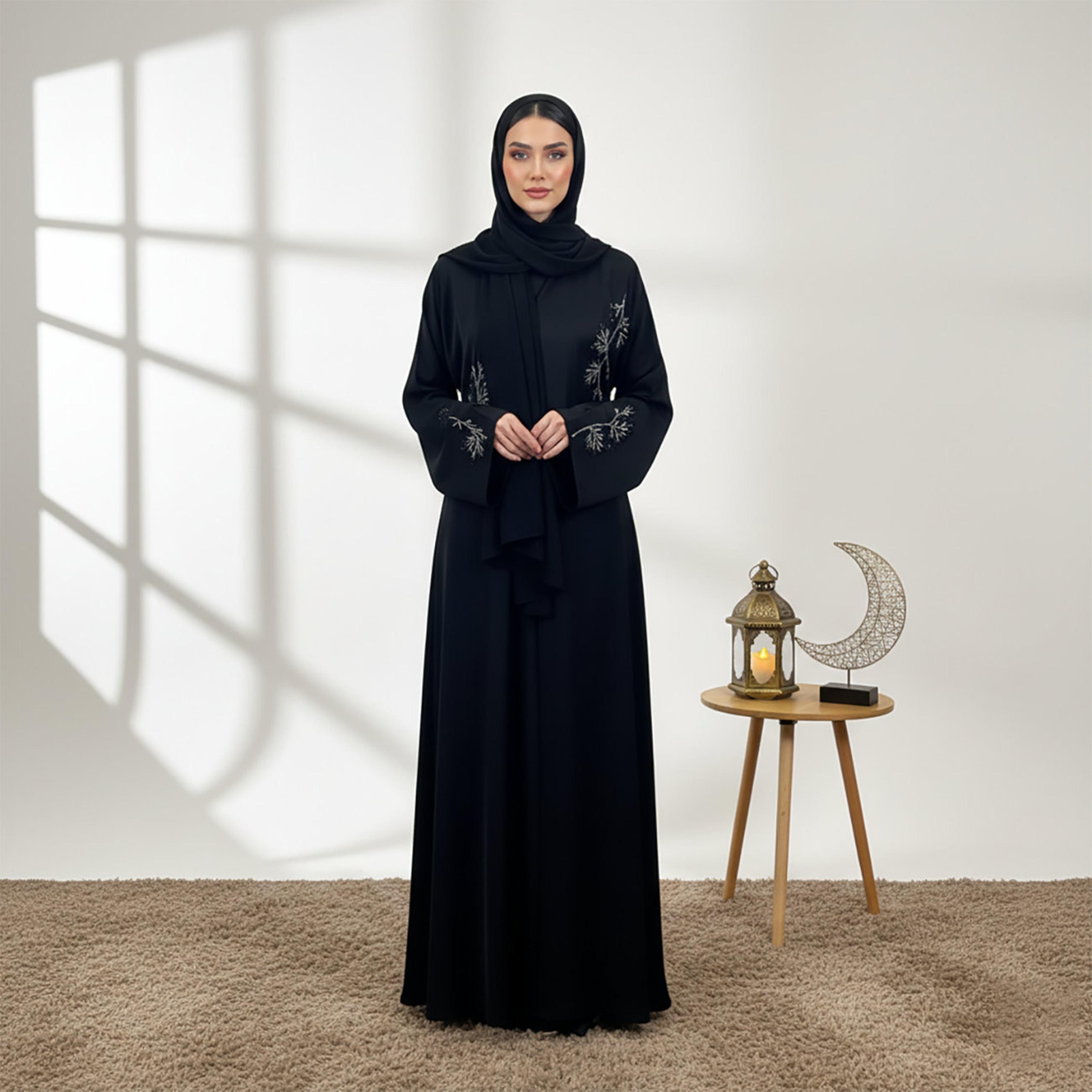 Nukhbaa Black Embroidered Wide Sleeves Nida Women's Abaya with Hijab-women-arabicclothing-abayas-image-1