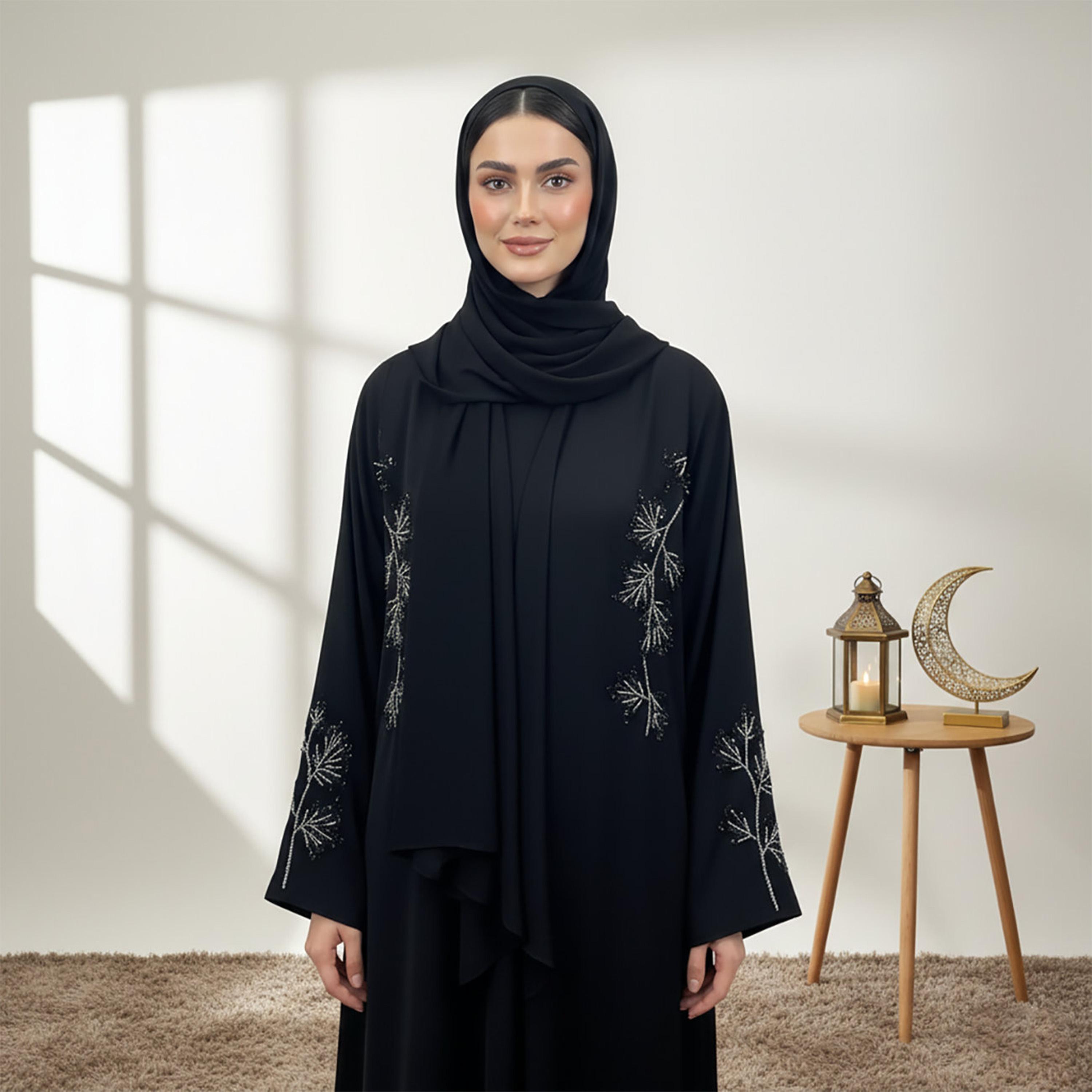 Nukhbaa Black Embroidered Wide Sleeves Nida Women's Abaya with Hijab-women-arabicclothing-abayas-image-2