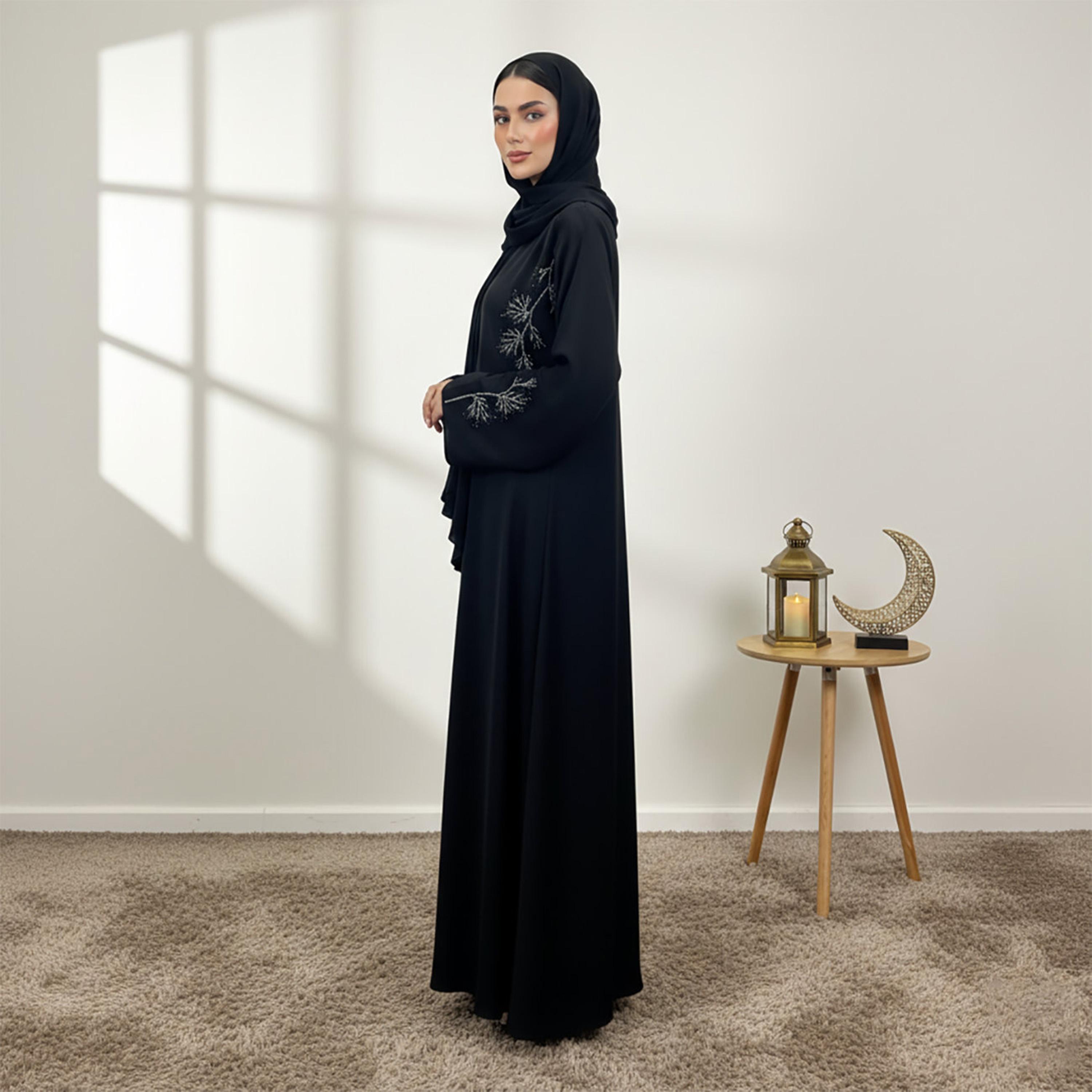 Nukhbaa Black Embroidered Wide Sleeves Nida Women's Abaya with Hijab-women-arabicclothing-abayas-image-3
