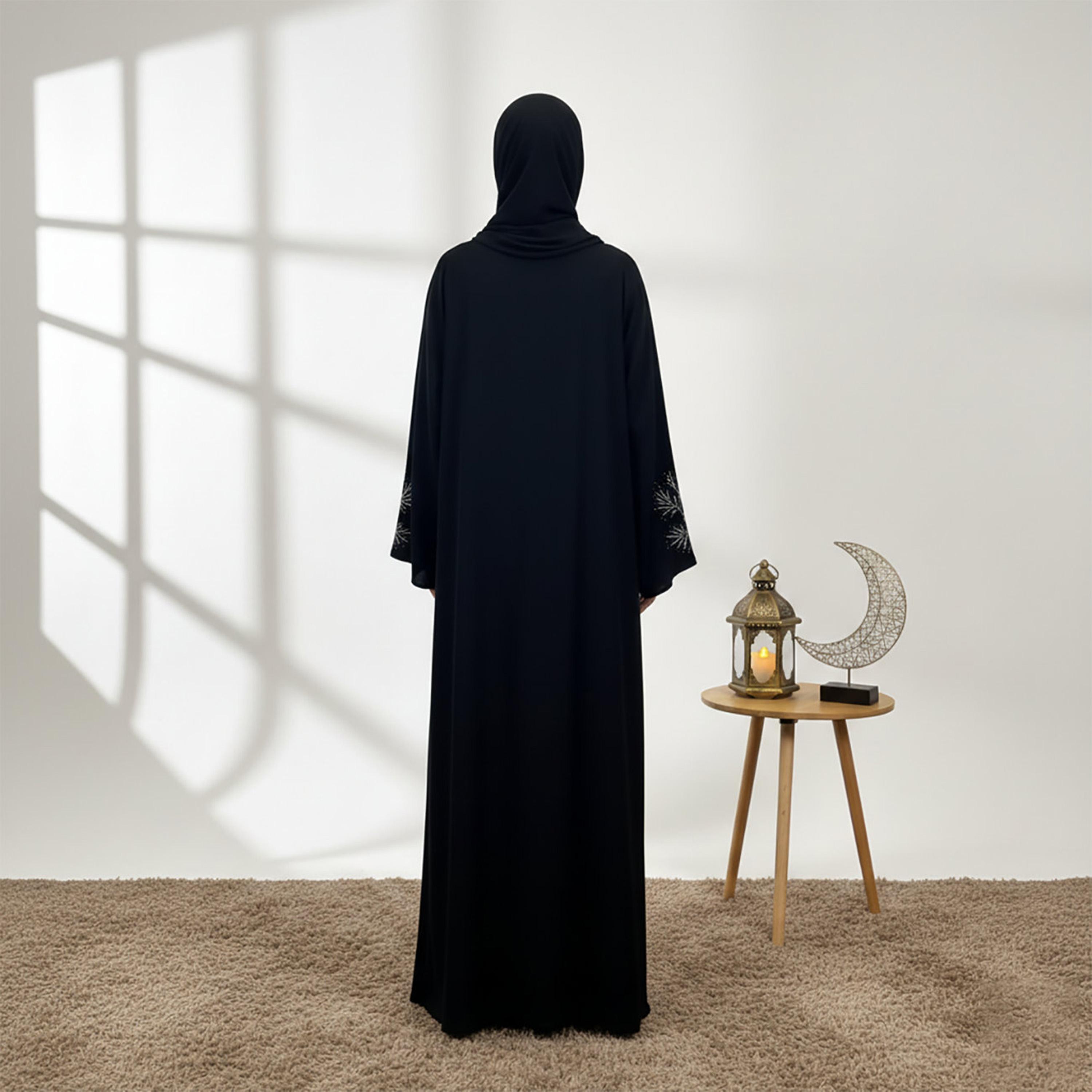 Nukhbaa Black Embroidered Wide Sleeves Nida Women's Abaya with Hijab-women-arabicclothing-abayas-image-4