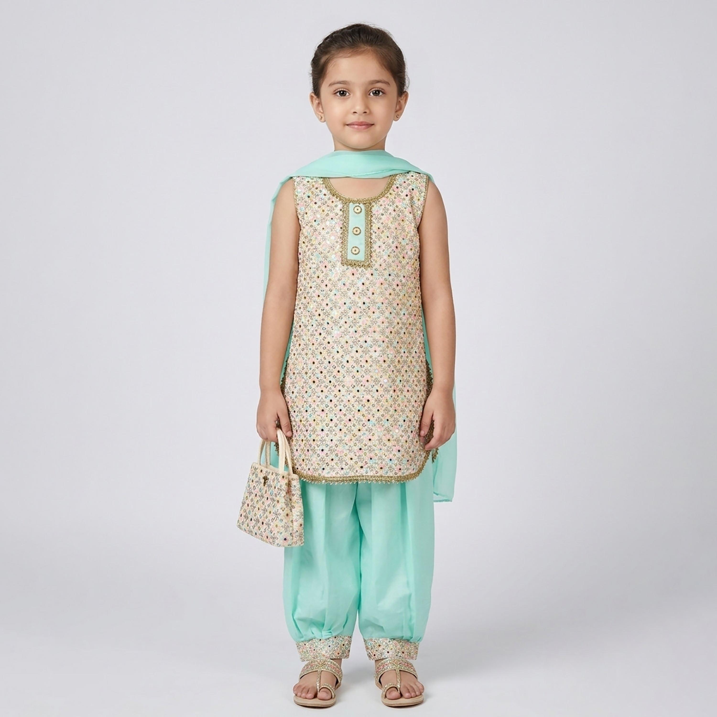 طقم تراثي بدون أكمام كورتة وسروال سالوار مزين مع دوباتا وحقيبة صغيرة من بيبيكلو-girls-clothing-setsandcoords-image-1