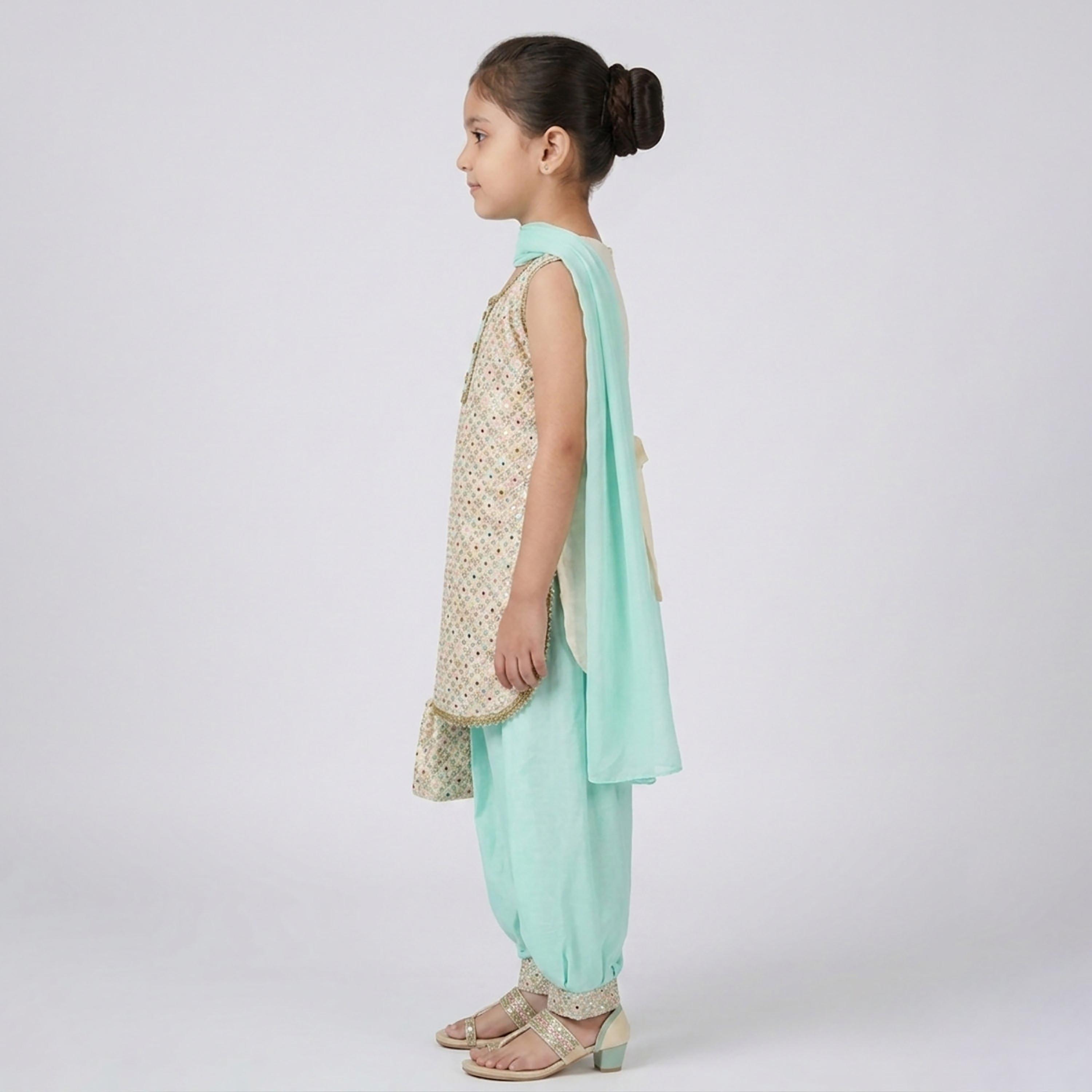 طقم تراثي بدون أكمام كورتة وسروال سالوار مزين مع دوباتا وحقيبة صغيرة من بيبيكلو-girls-clothing-setsandcoords-image-3