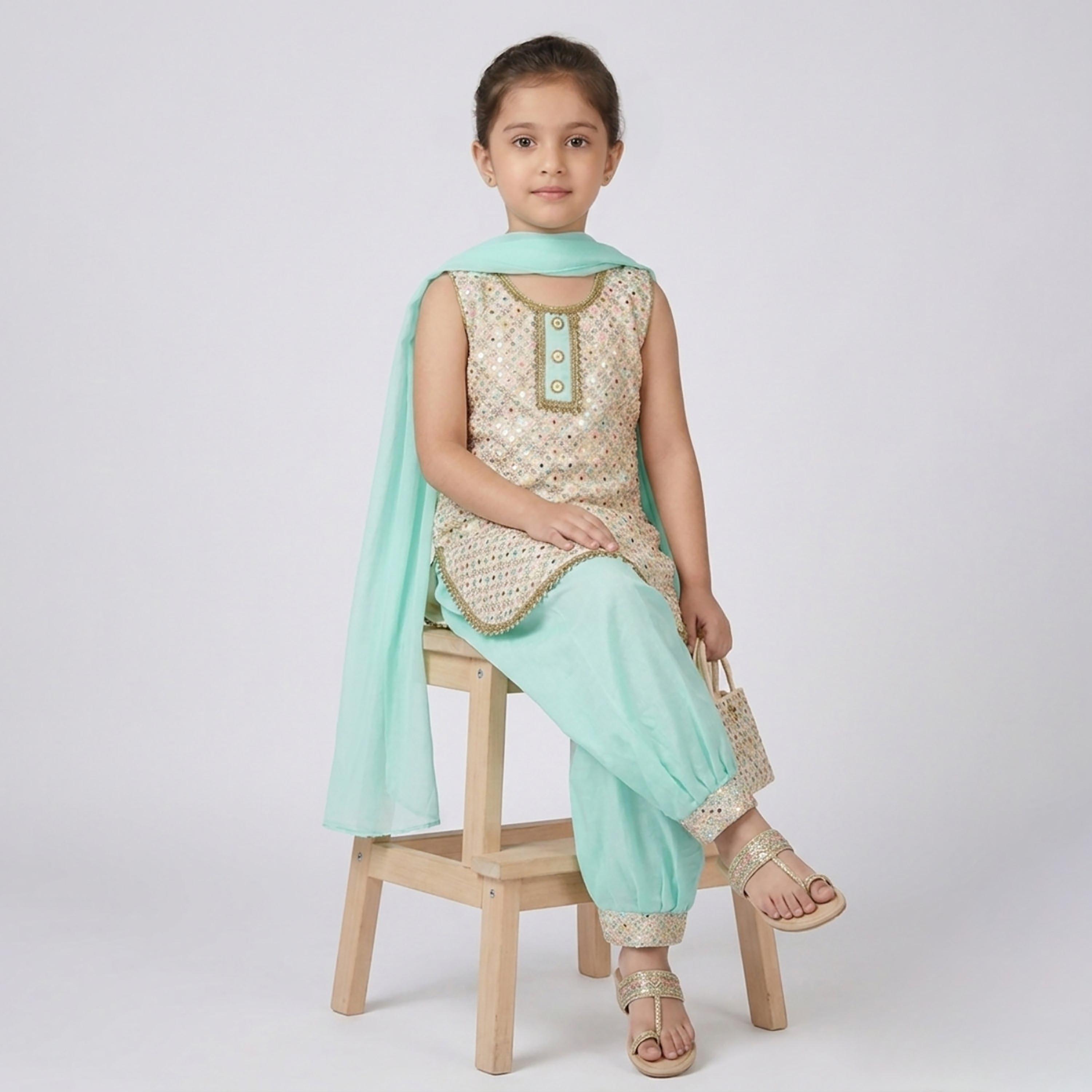 طقم تراثي بدون أكمام كورتة وسروال سالوار مزين مع دوباتا وحقيبة صغيرة من بيبيكلو-girls-clothing-setsandcoords-image-5