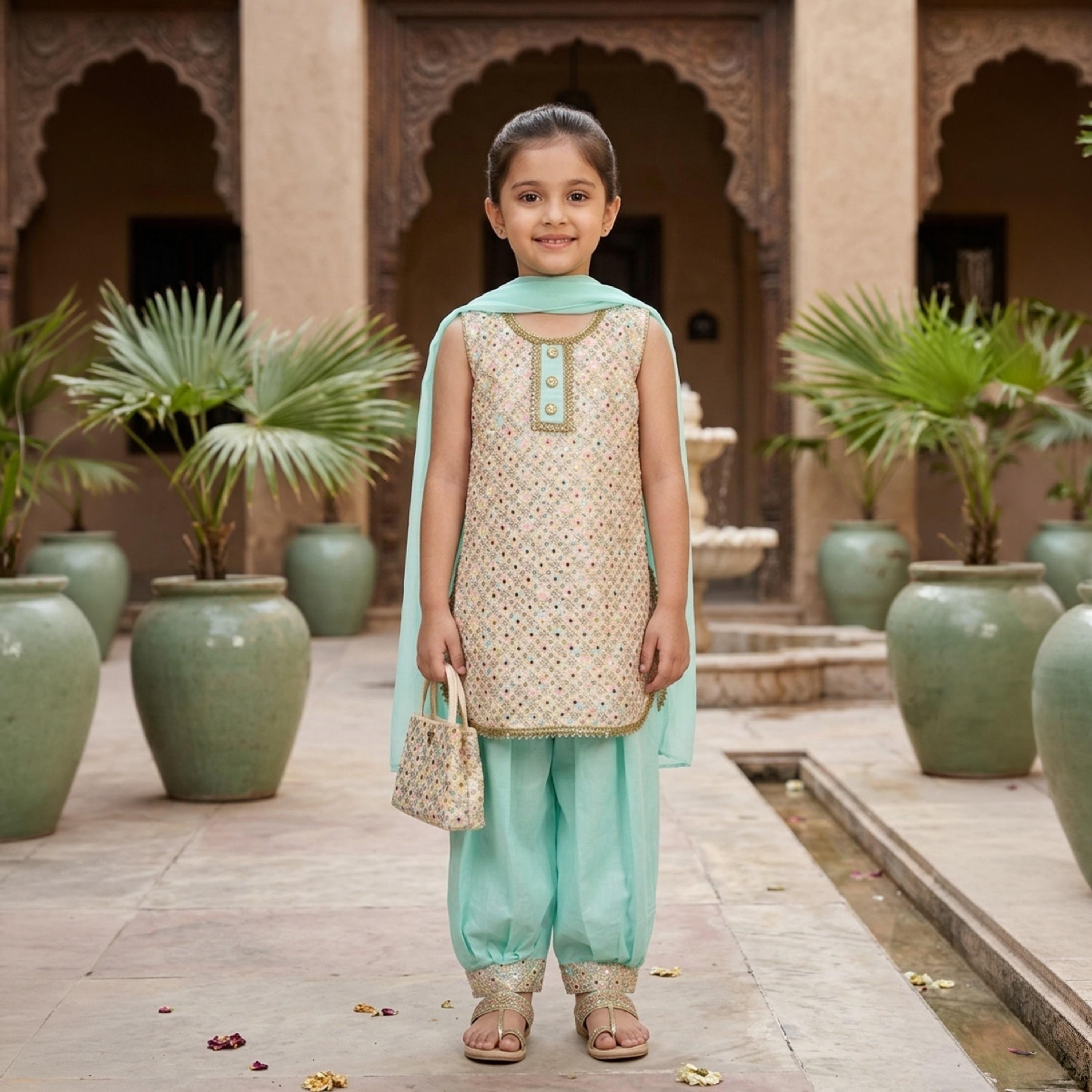 طقم تراثي بدون أكمام كورتة وسروال سالوار مزين مع دوباتا وحقيبة صغيرة من بيبيكلو-girls-clothing-setsandcoords-image-6