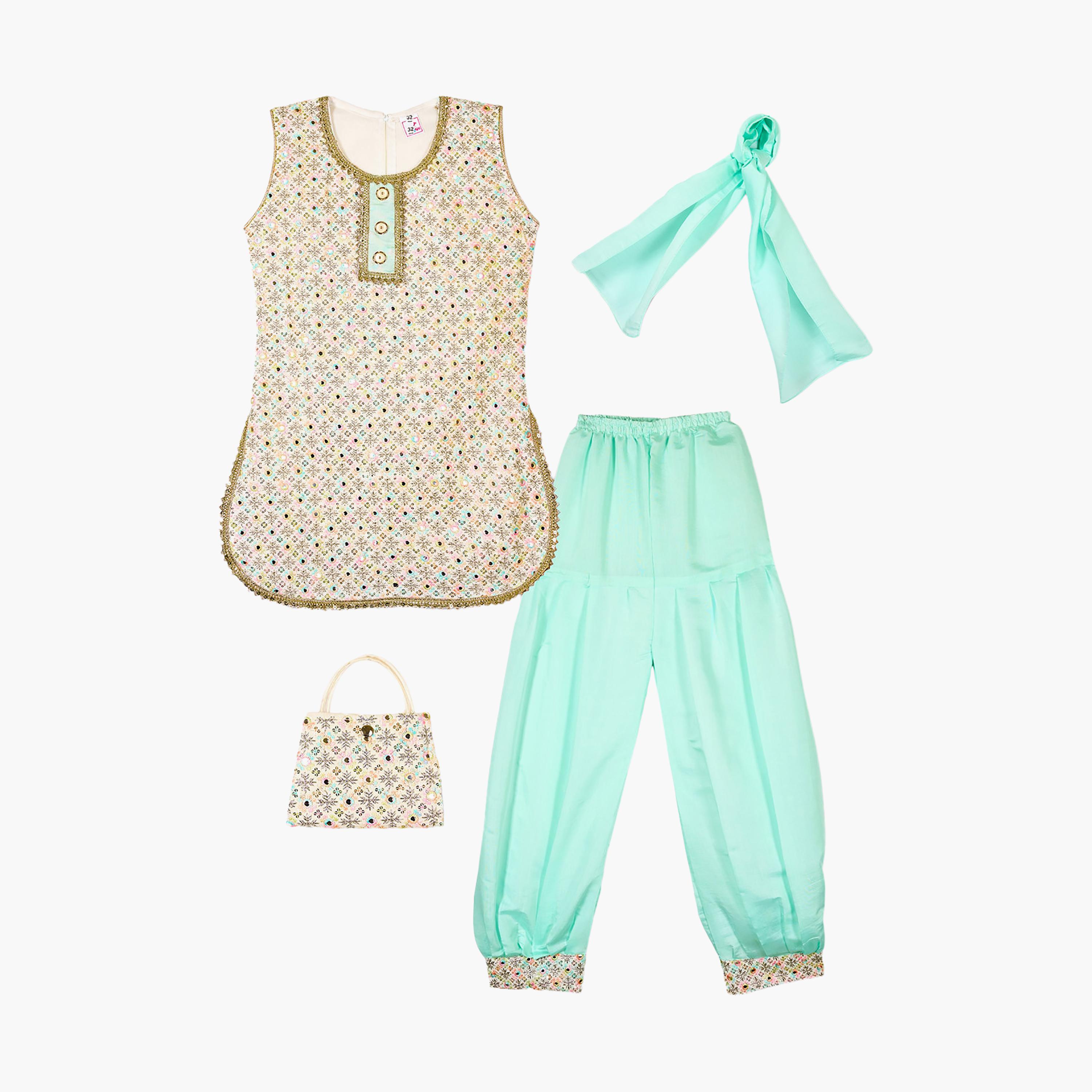 طقم تراثي بدون أكمام كورتة وسروال سالوار مزين مع دوباتا وحقيبة صغيرة من بيبيكلو-girls-clothing-setsandcoords-image-7