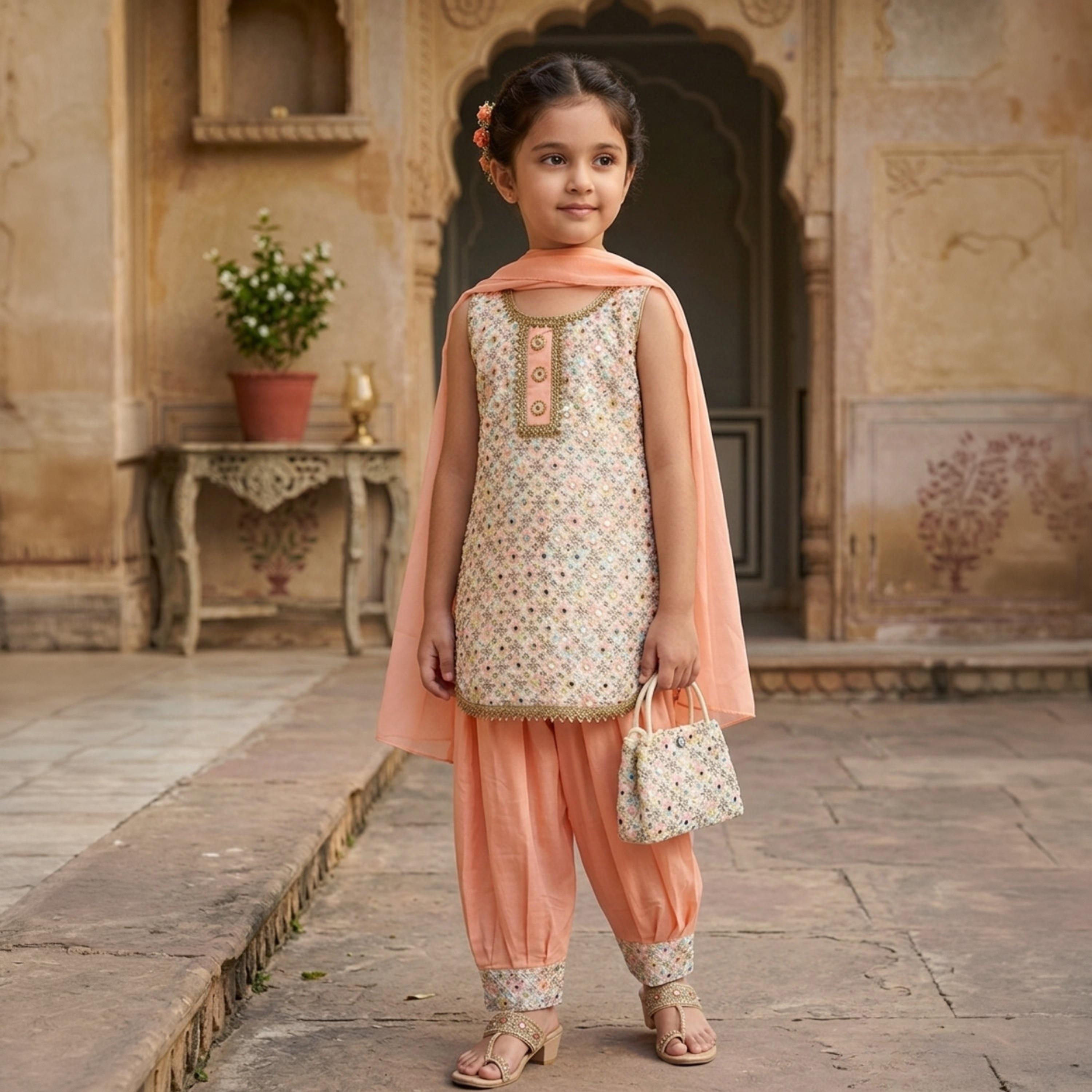 طقم تراثي بدون أكمام كورتة وسروال سالوار مزين مع دوباتا وحقيبة صغيرة من بيبيكلو-girls-clothing-setsandcoords-image-6