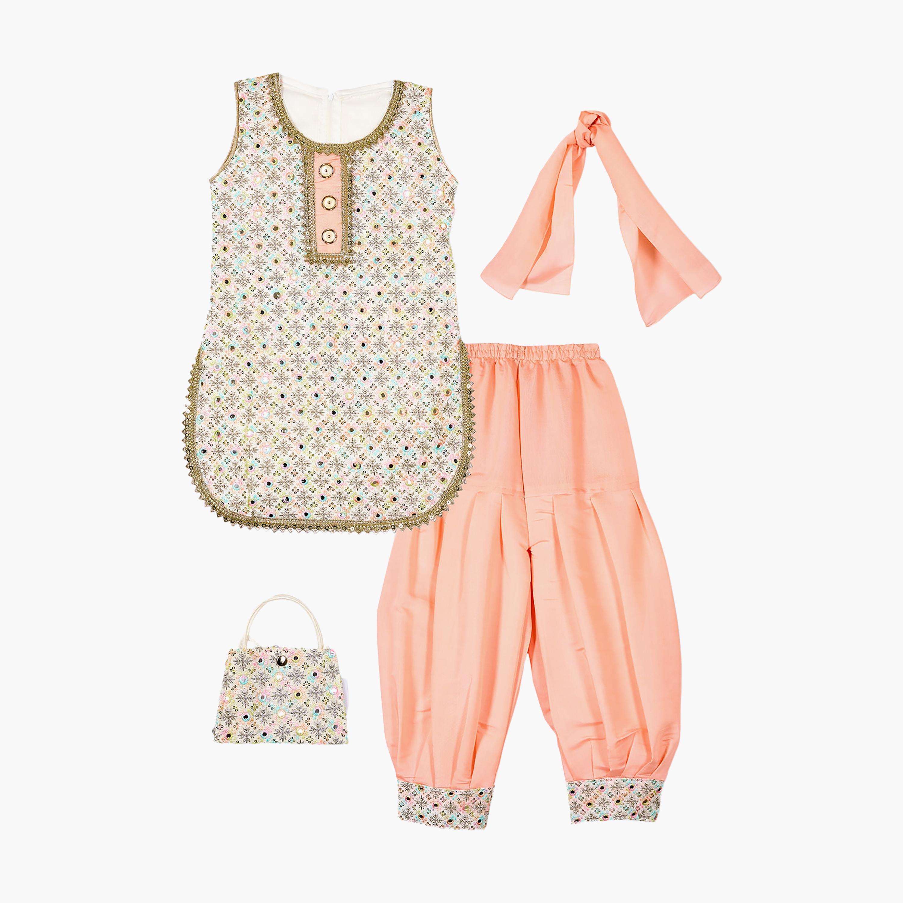 طقم تراثي بدون أكمام كورتة وسروال سالوار مزين مع دوباتا وحقيبة صغيرة من بيبيكلو-girls-clothing-setsandcoords-image-7