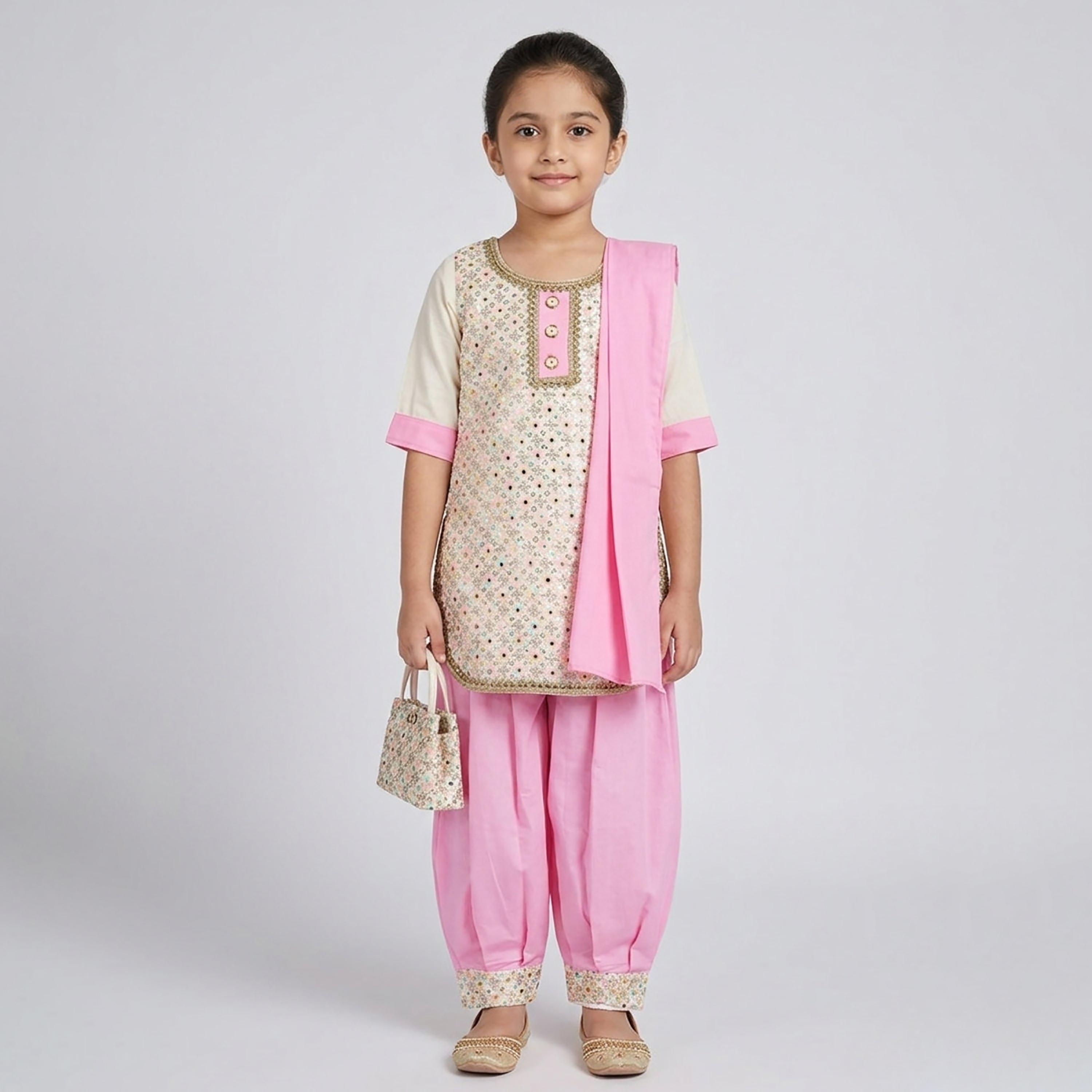 طقم تراثي بدون أكمام كورتة وسروال سالوار مزين مع دوباتا وحقيبة صغيرة من بيبيكلو-girls-clothing-setsandcoords-image-1