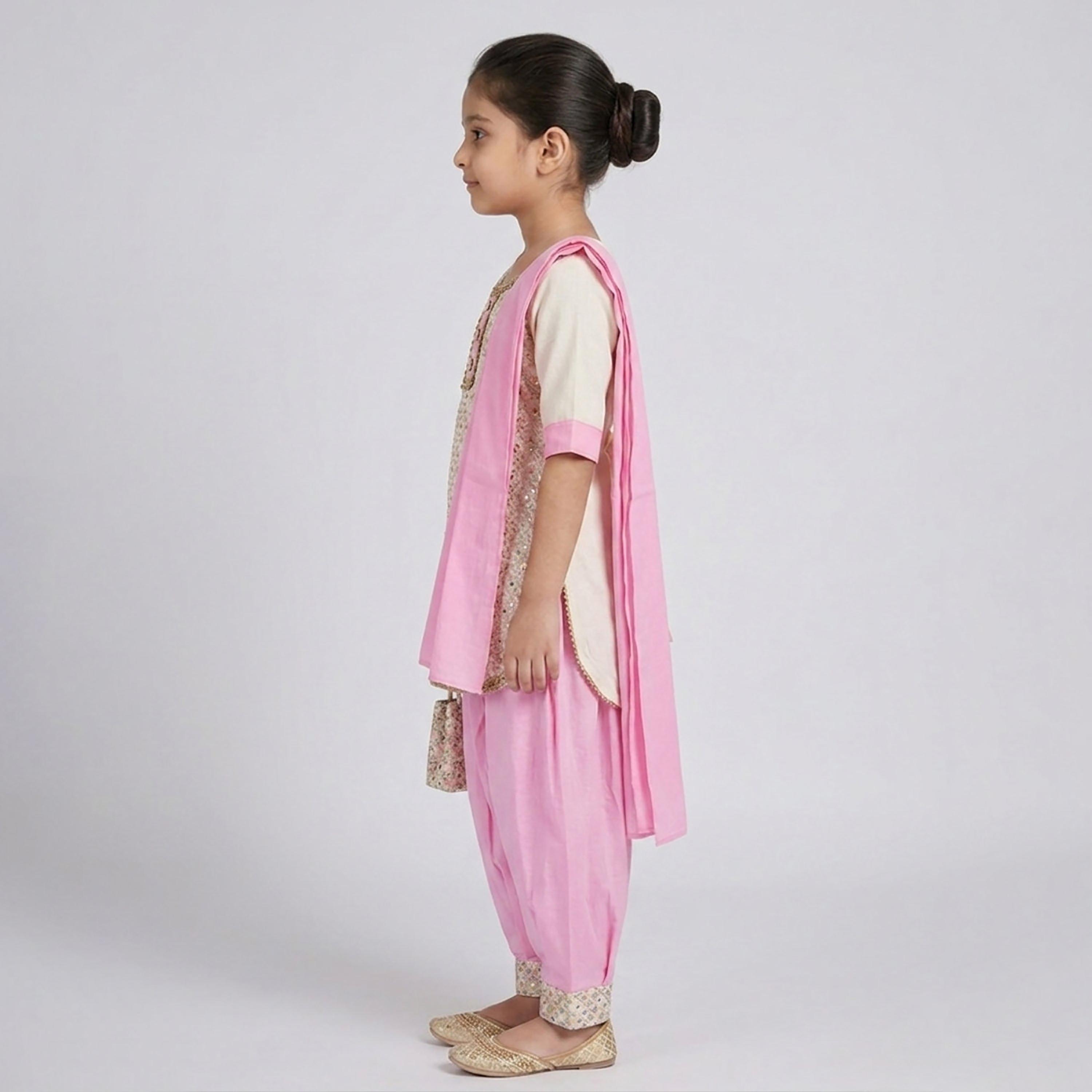 طقم تراثي بدون أكمام كورتة وسروال سالوار مزين مع دوباتا وحقيبة صغيرة من بيبيكلو-girls-clothing-setsandcoords-image-2