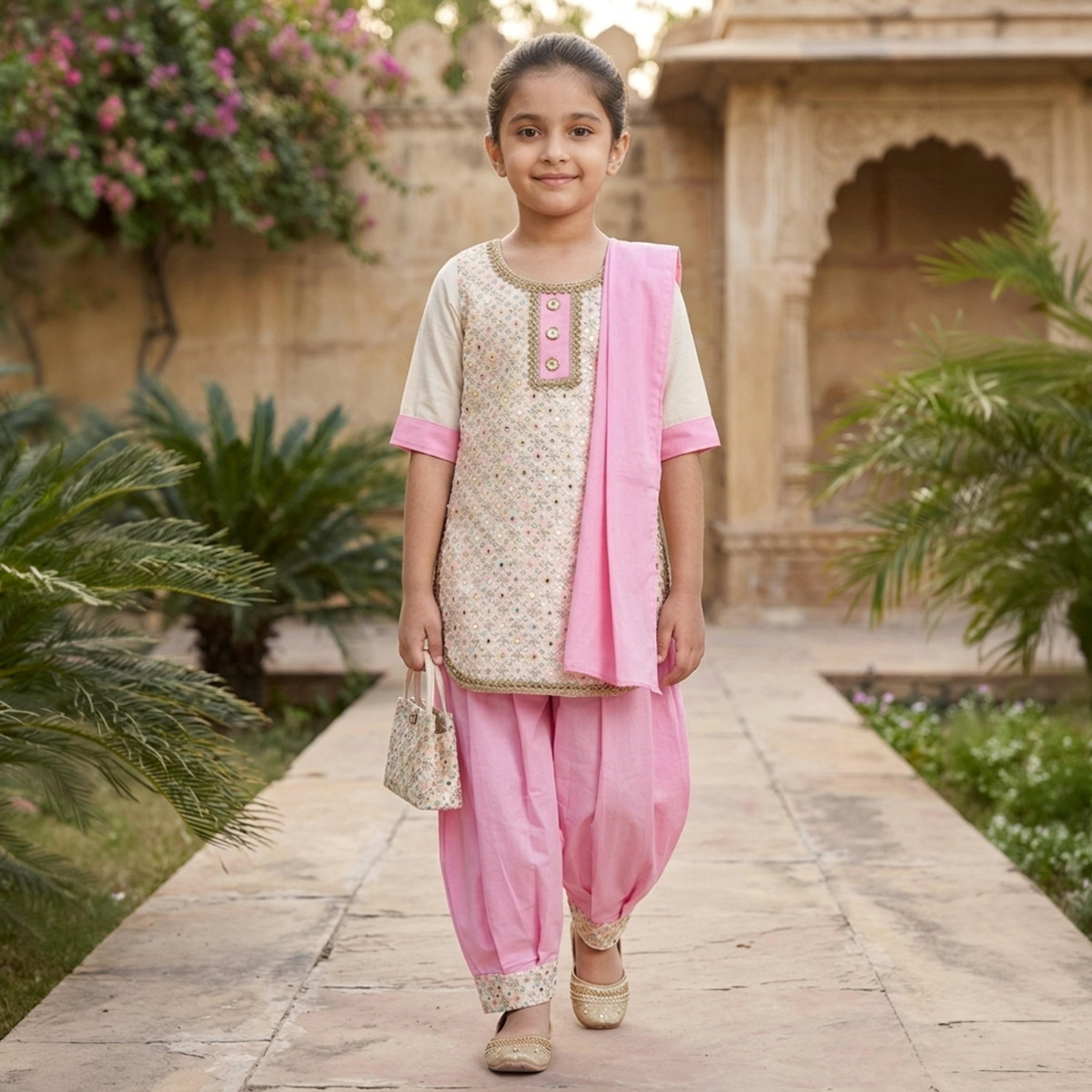طقم تراثي بدون أكمام كورتة وسروال سالوار مزين مع دوباتا وحقيبة صغيرة من بيبيكلو-girls-clothing-setsandcoords-image-4