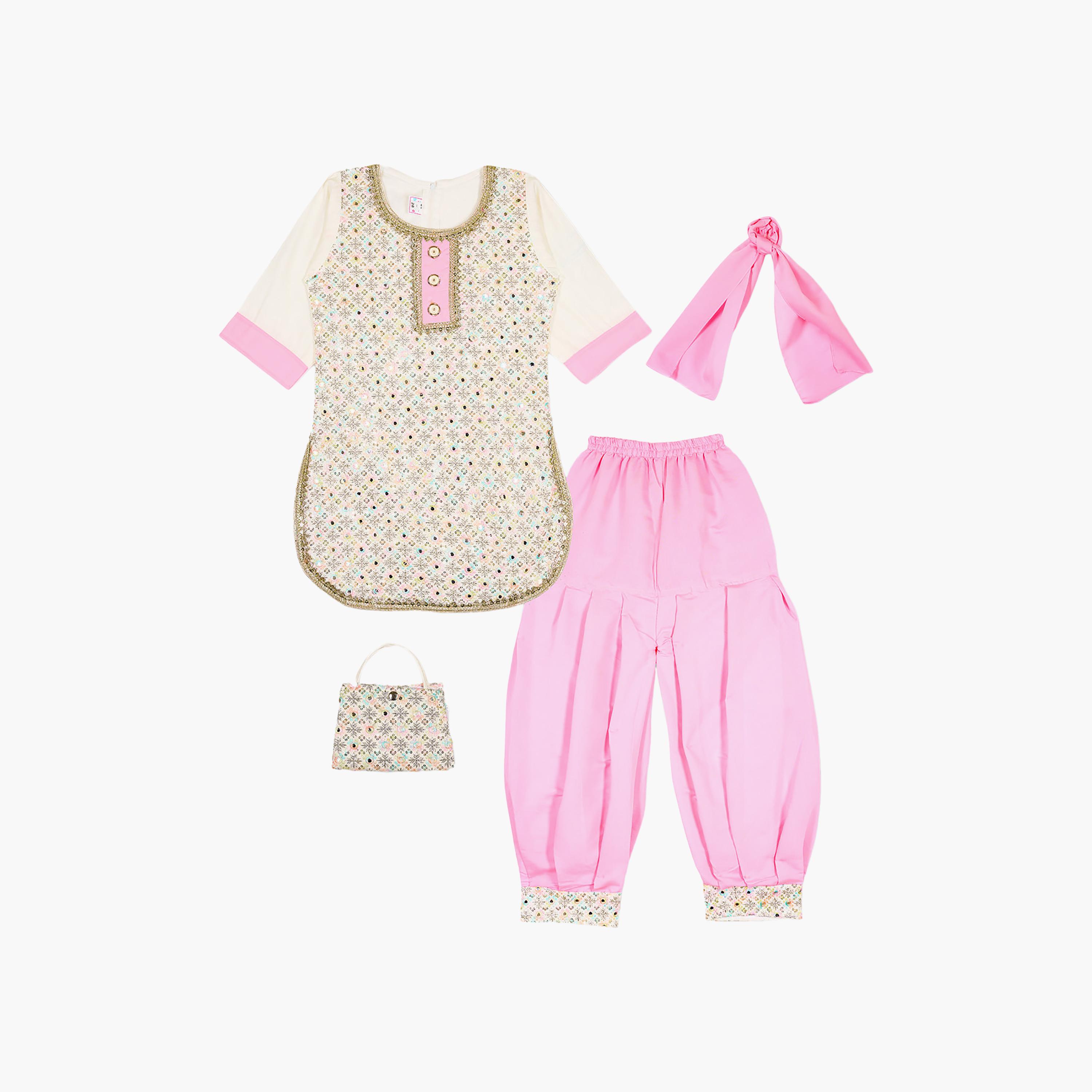 طقم تراثي بدون أكمام كورتة وسروال سالوار مزين مع دوباتا وحقيبة صغيرة من بيبيكلو-girls-clothing-setsandcoords-image-5