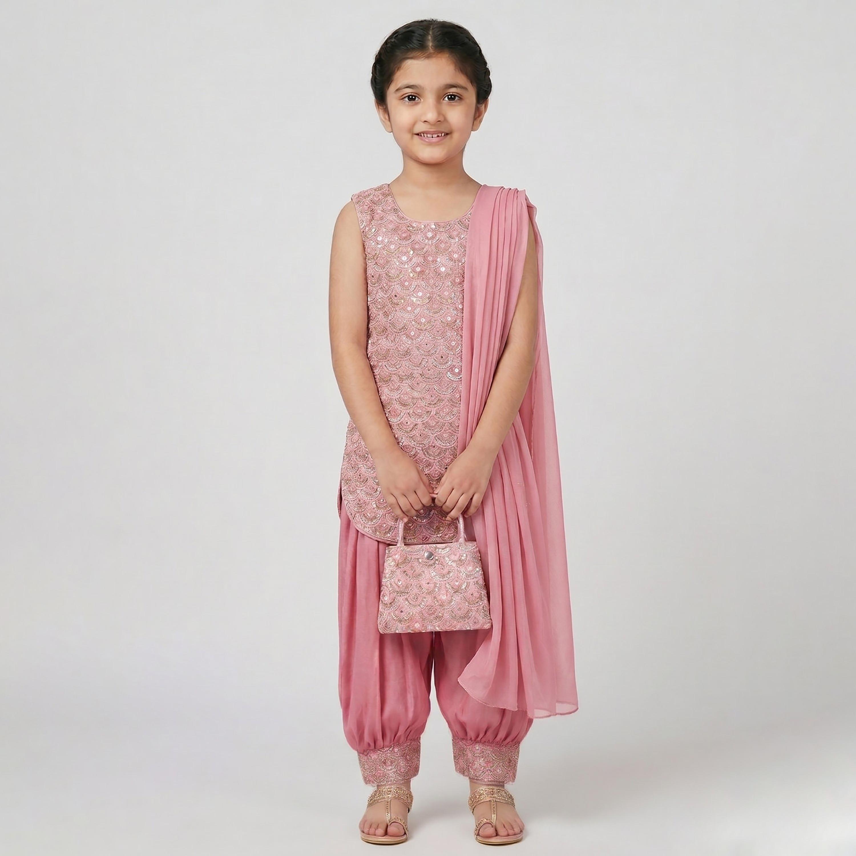طقم تراثي بدون أكمام كورتة وسروال سالوار مزين مع دوباتا وحقيبة صغيرة من بيبيكلو-girls-clothing-setsandcoords-image-1