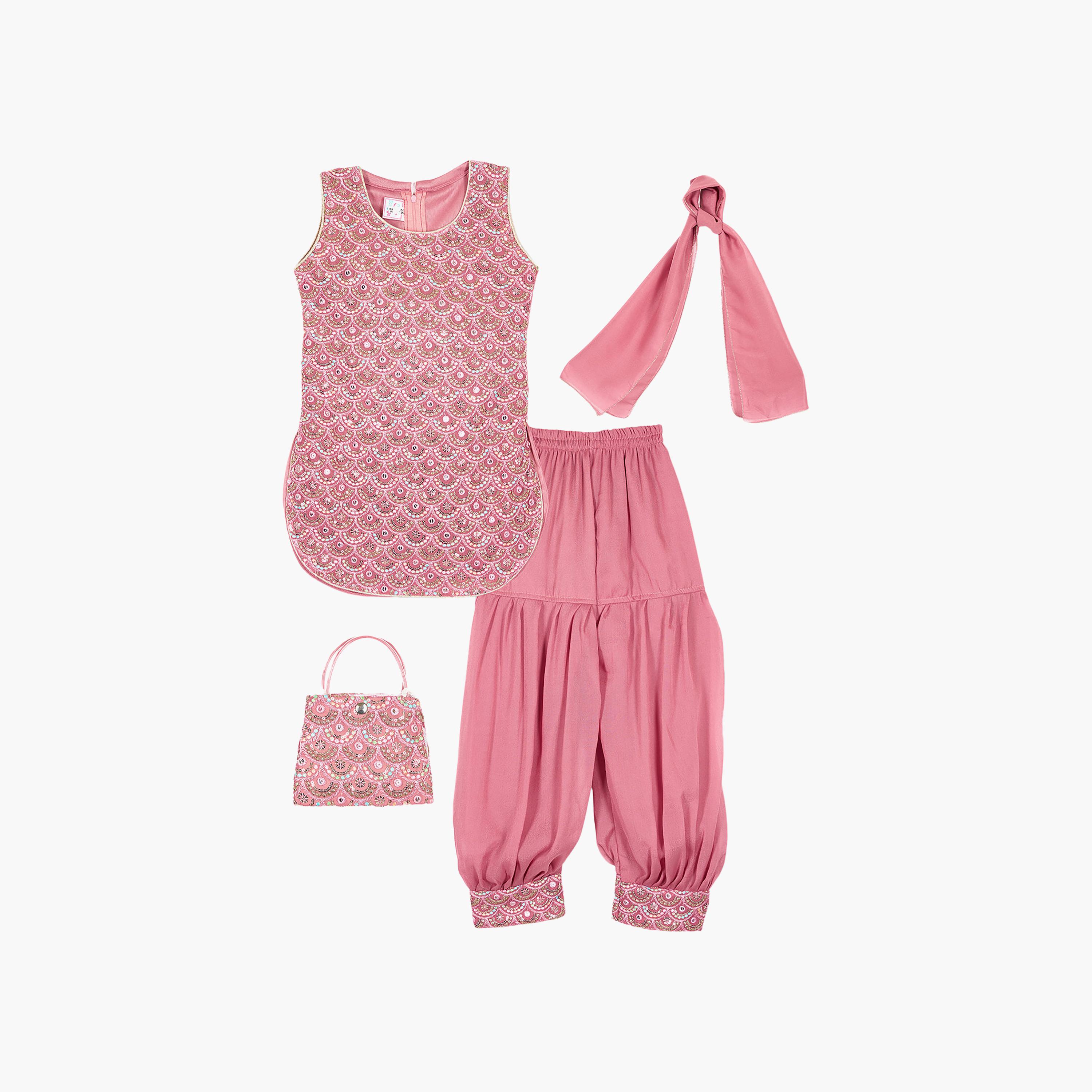 طقم تراثي بدون أكمام كورتة وسروال سالوار مزين مع دوباتا وحقيبة صغيرة من بيبيكلو-girls-clothing-setsandcoords-image-4