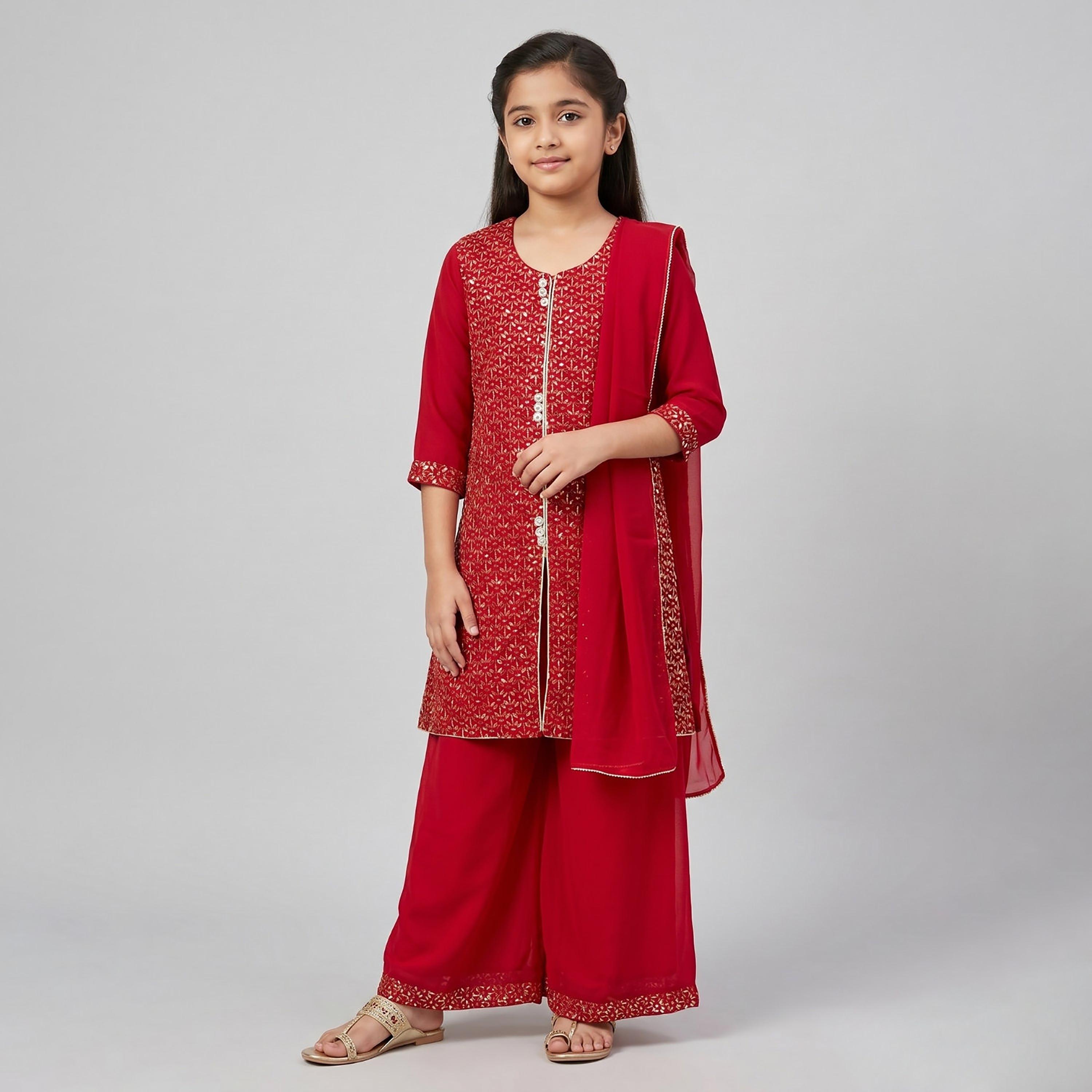 طقم تراثي بأكمام ثلاثة أرباع كورتة وشارارا مزين مع دوباتا من بيبيكلو-girls-clothing-setsandcoords-image-1