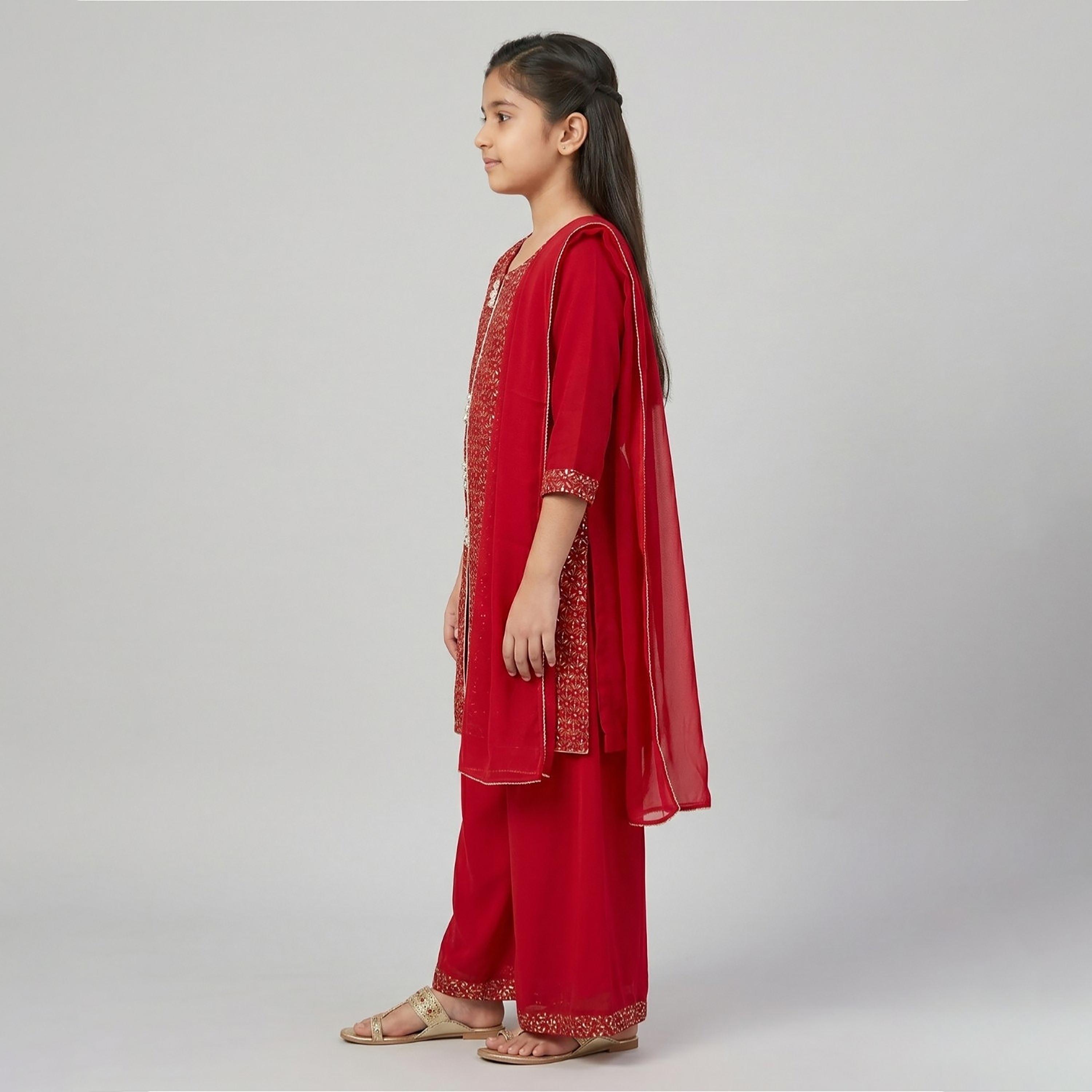 طقم تراثي بأكمام ثلاثة أرباع كورتة وشارارا مزين مع دوباتا من بيبيكلو-girls-clothing-setsandcoords-image-2