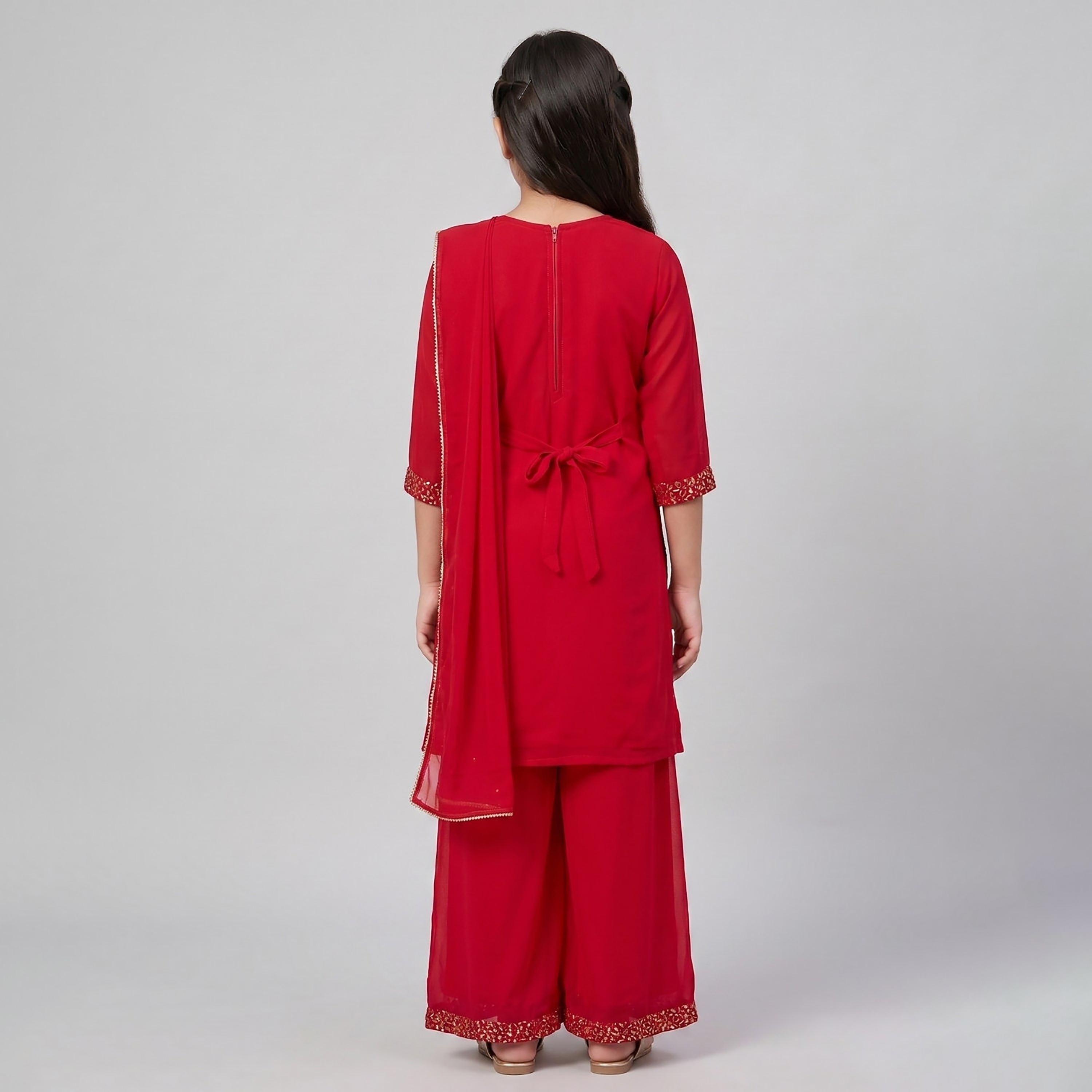 طقم تراثي بأكمام ثلاثة أرباع كورتة وشارارا مزين مع دوباتا من بيبيكلو-girls-clothing-setsandcoords-image-3